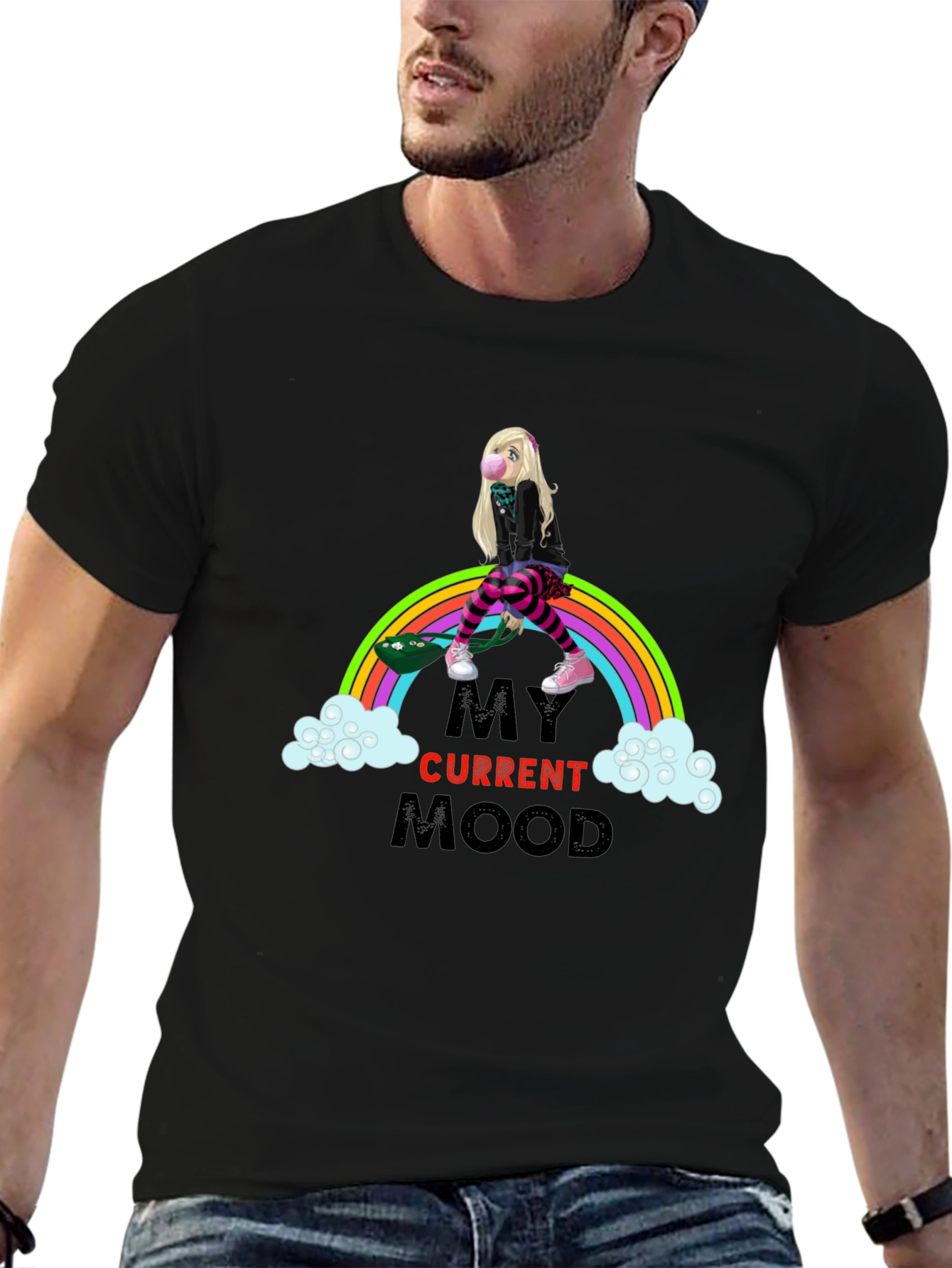 Black My Current Mood Rainbow Skateboard T-Shirt view 6