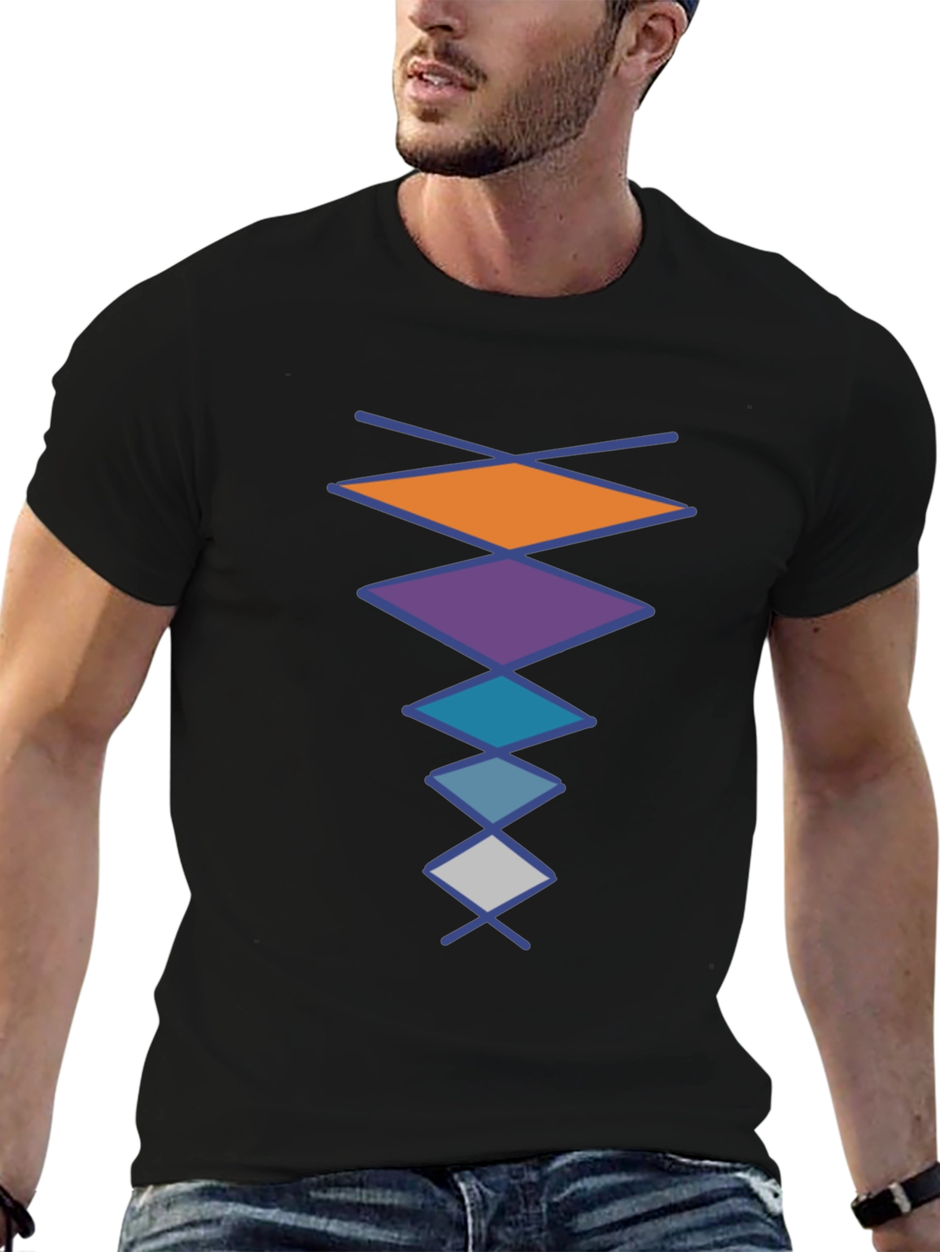 Black Geometric Diamond Pattern Black T-Shirt view 6