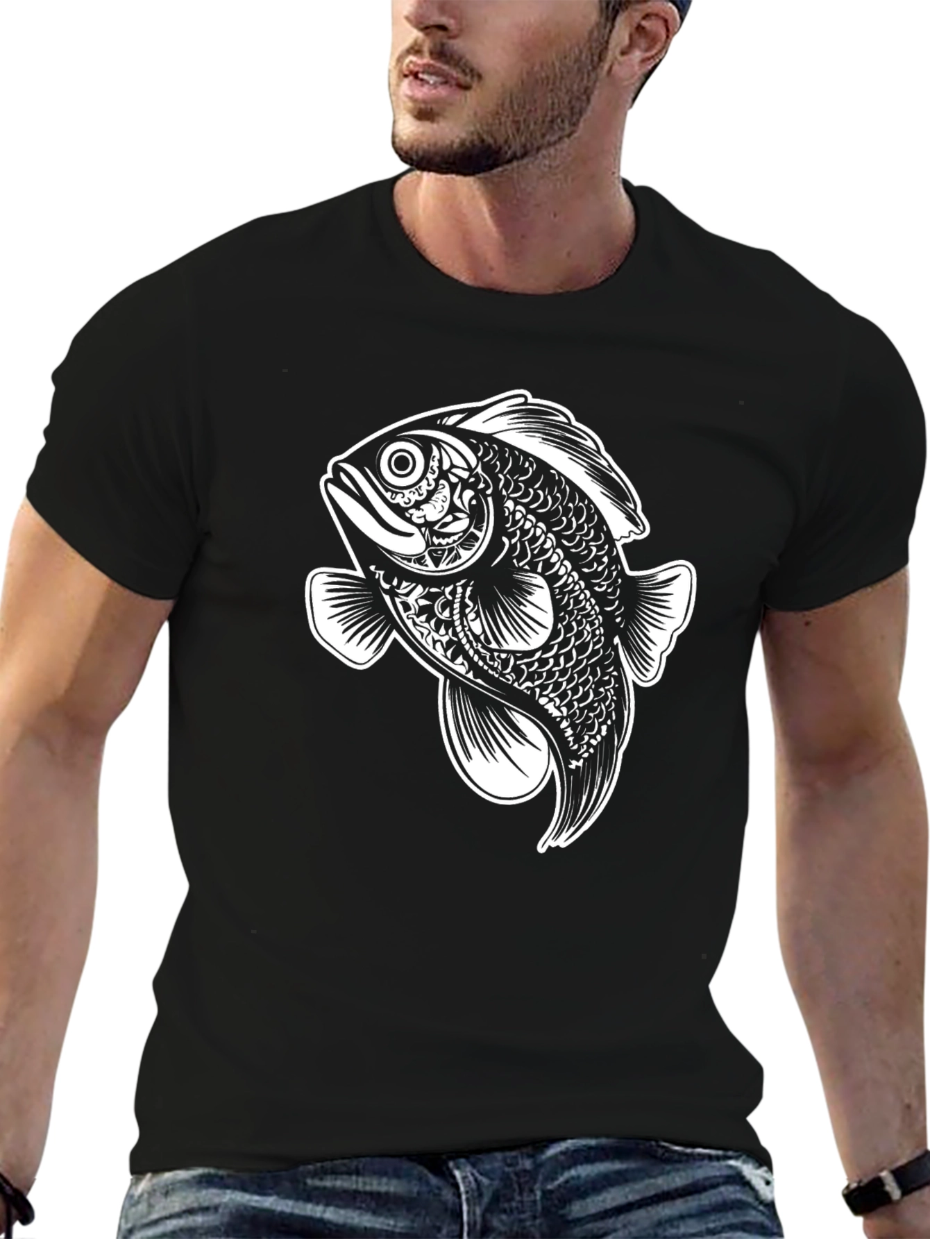 Black Black T-Shirt with Artistic Fish Graphic view 6