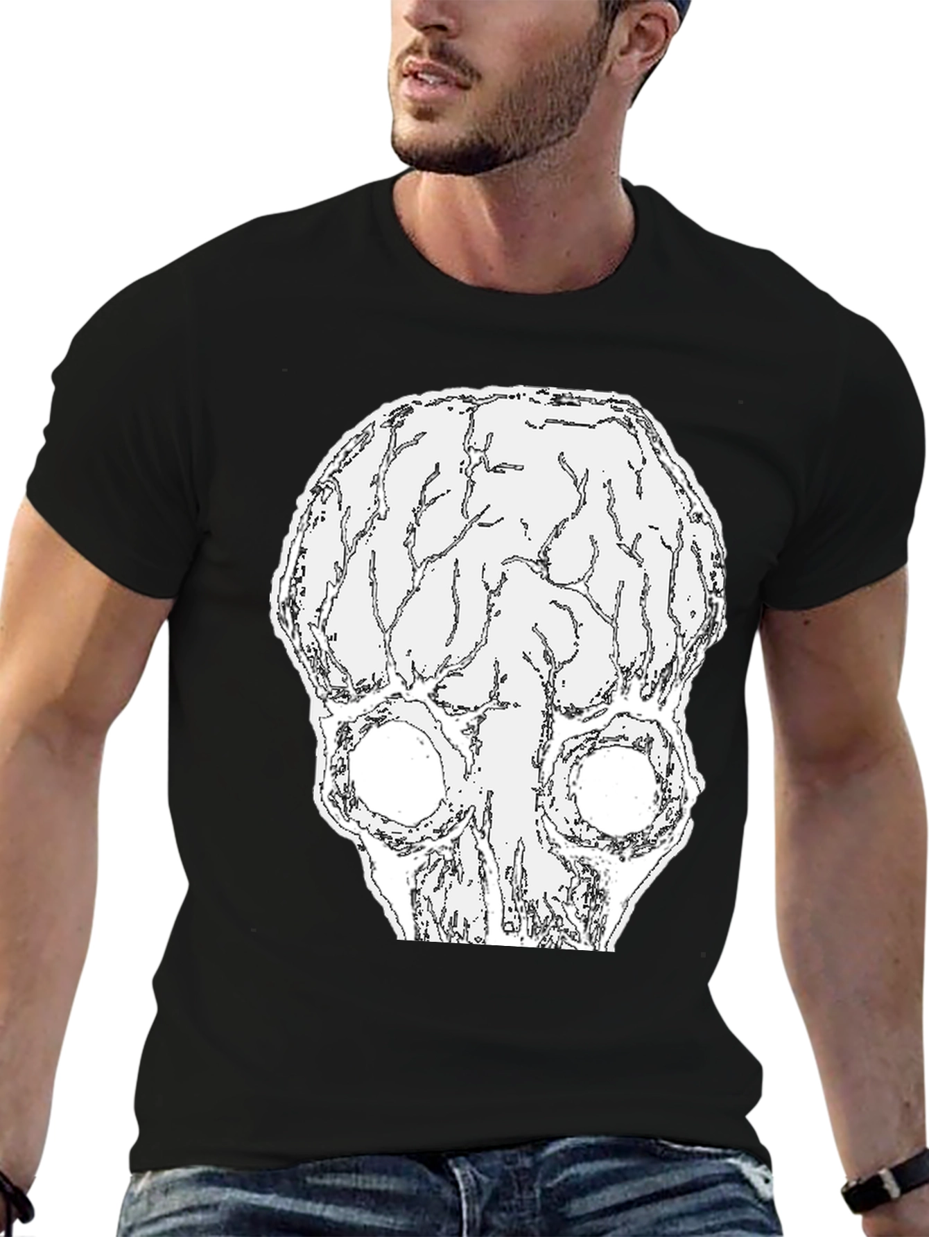 Black Brain Skull Graphic Tee - Black Cotton T-Shirt view 6