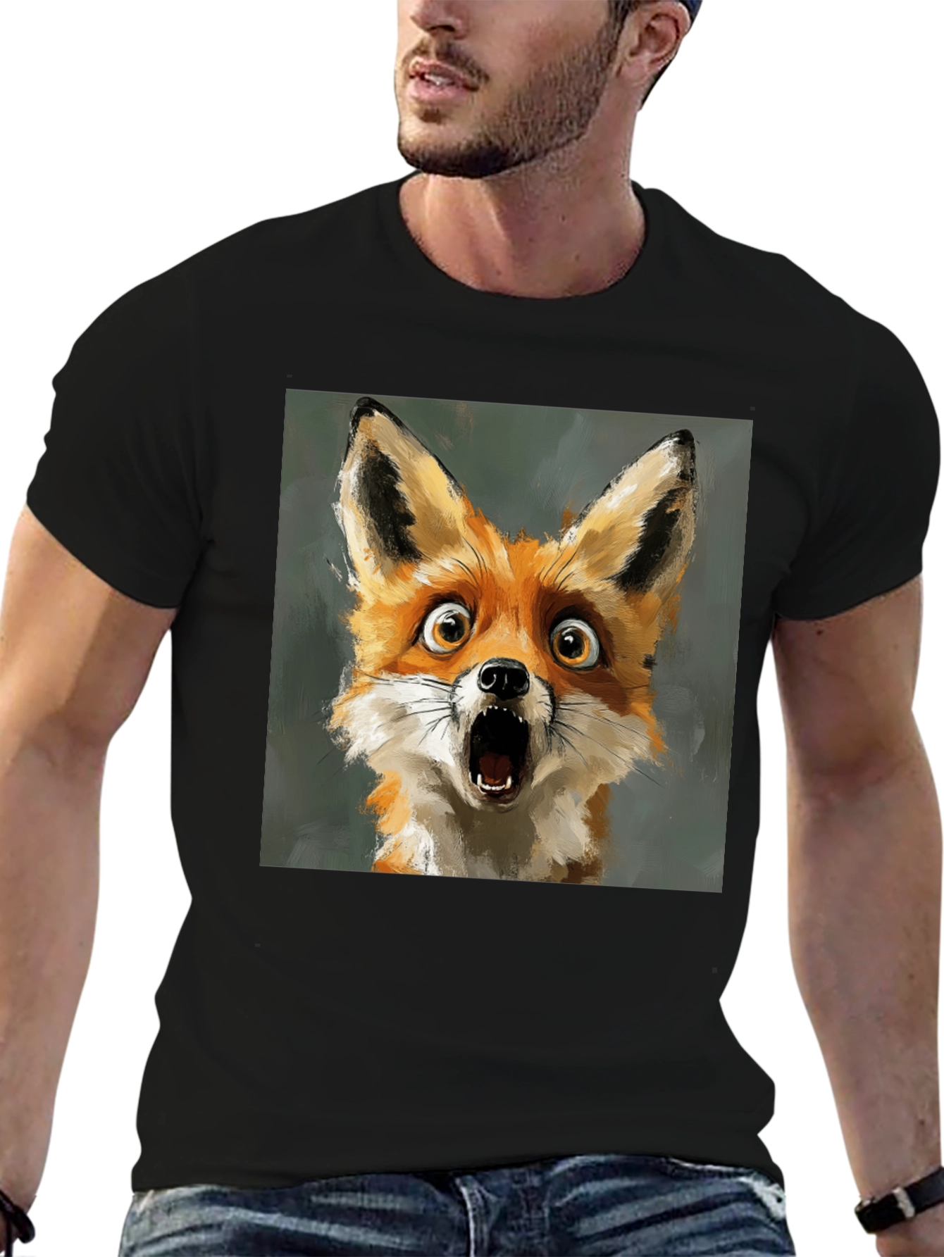 Black Surprised Fox Graphic Tee - Black Cotton T-Shirt view 6
