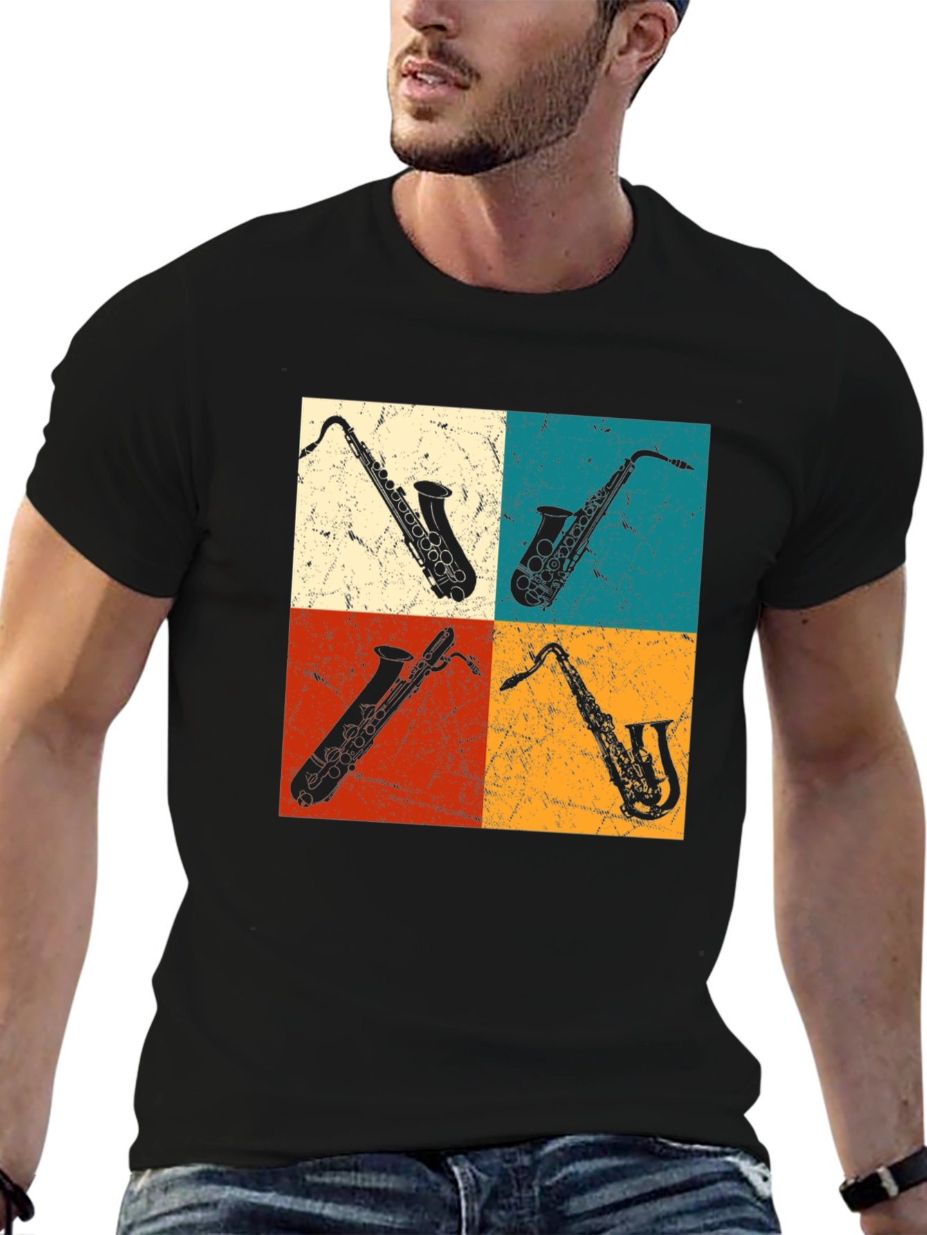 Black Saxophone Pop Art Graphic Tee - Music Lover T-Shirt view 6