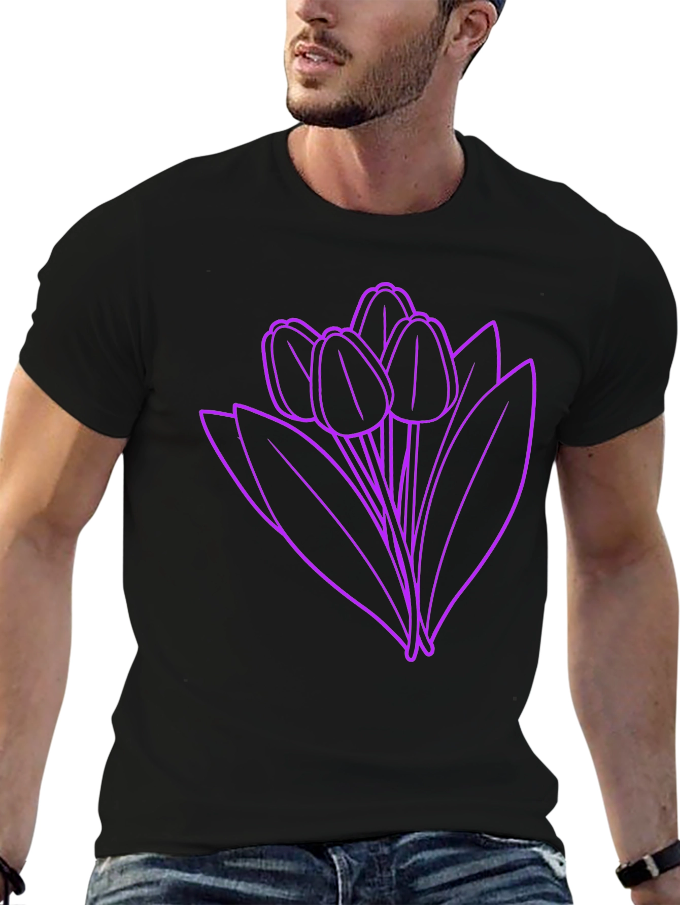Black Floral Graphic Tee - Purple Tulips on Black view 6