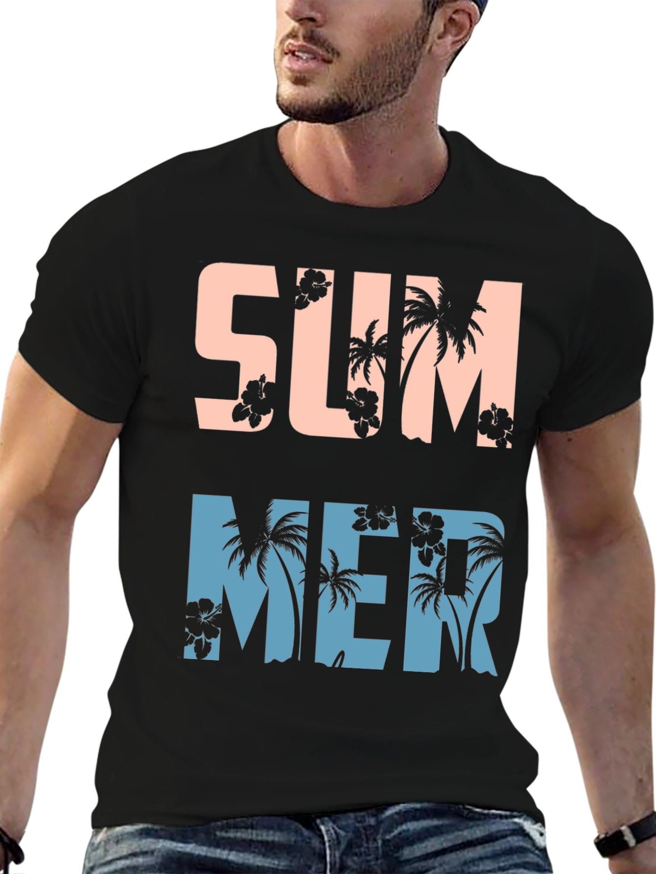 Black Tropical Summer Graphic Tee - Black Cotton Blend Shirt view 6