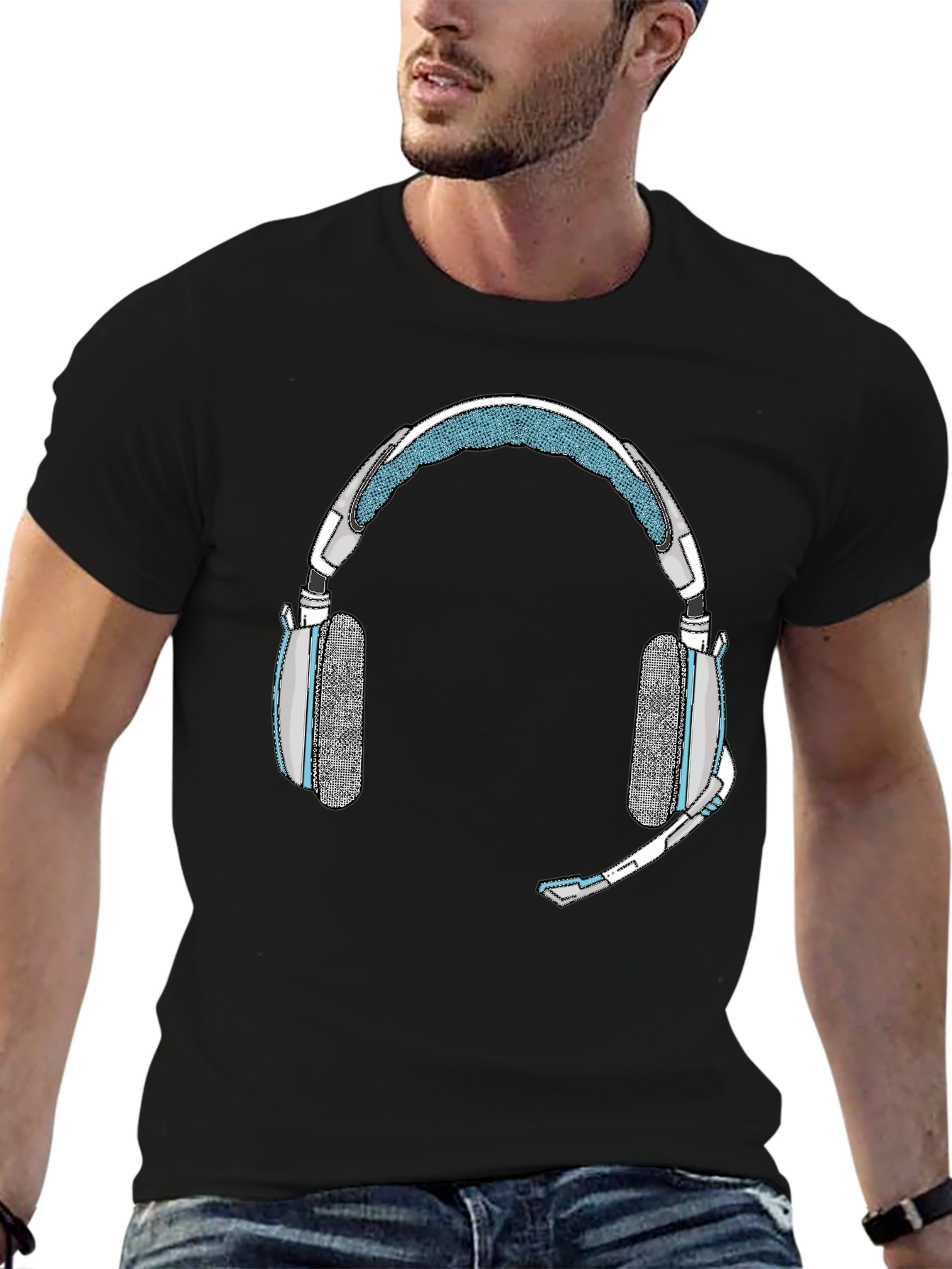 Black Gaming Headset Graphic Tee - Gamer Style Shirt view 6