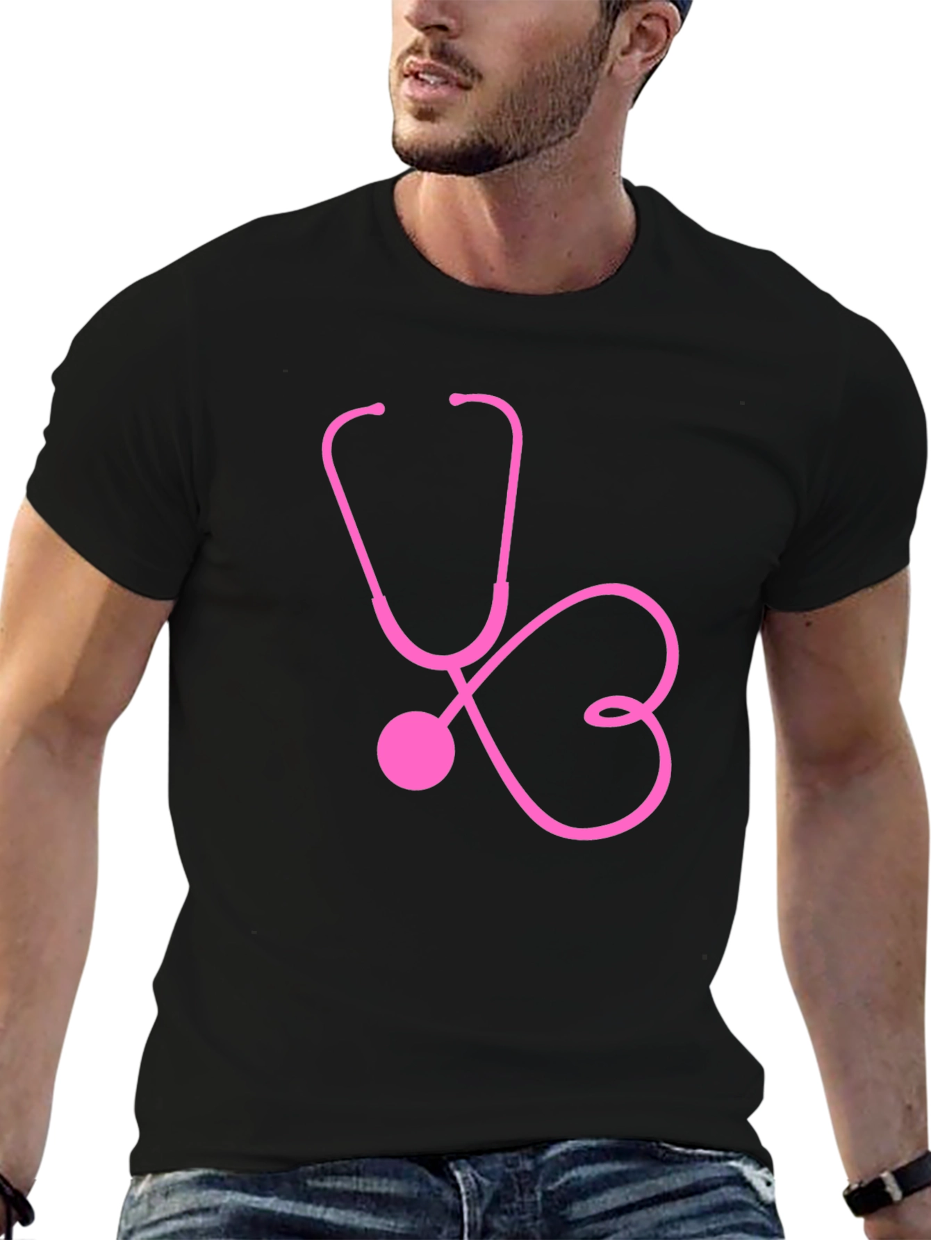 Black Pink Stethoscope Heartbeat Black T-Shirt view 6