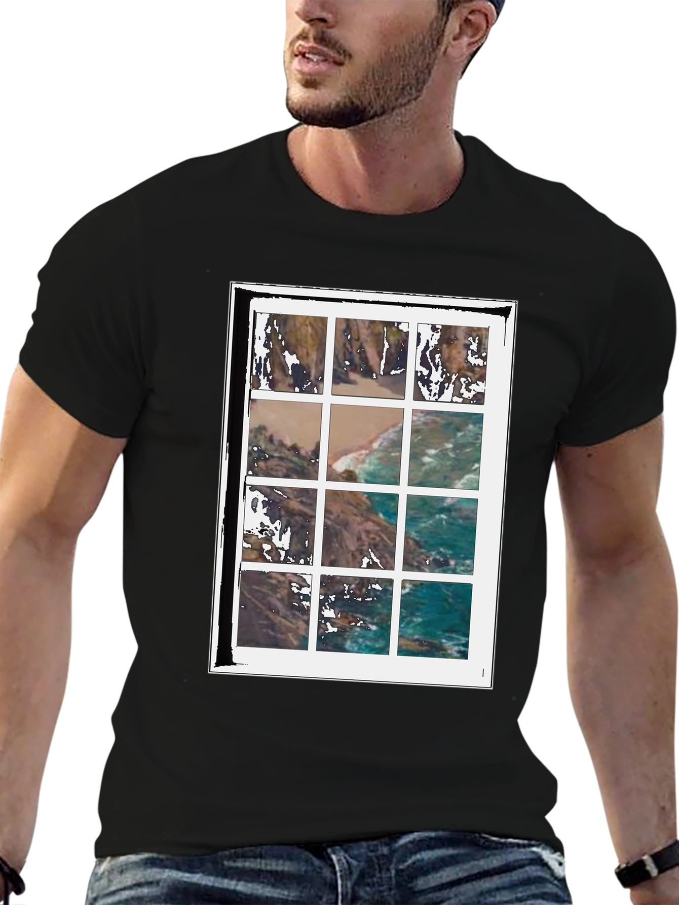 Black Coastal View Grid Print Black T-Shirt view 6