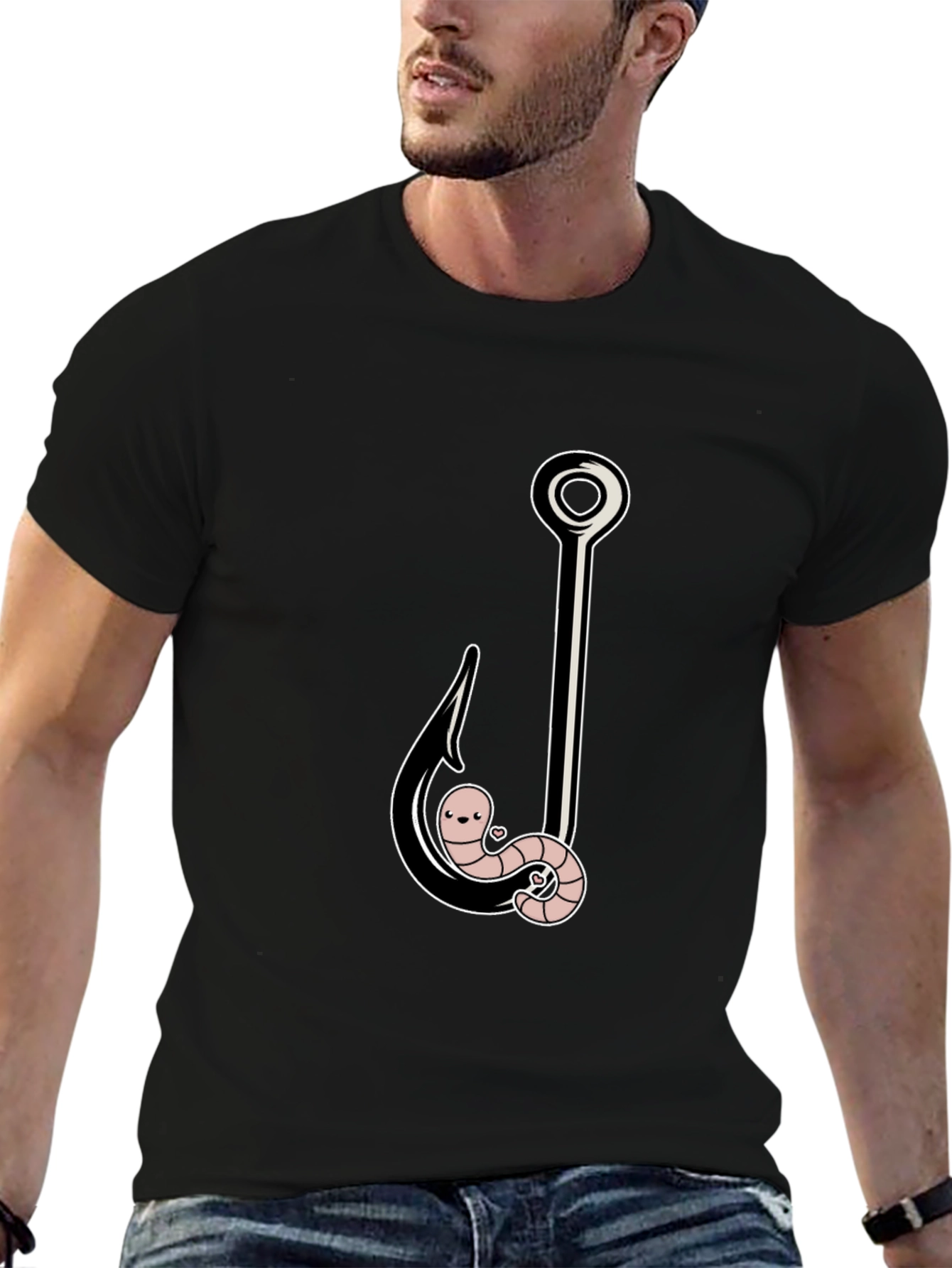 Black Funny Worm On A Hook Black T-Shirt view 6