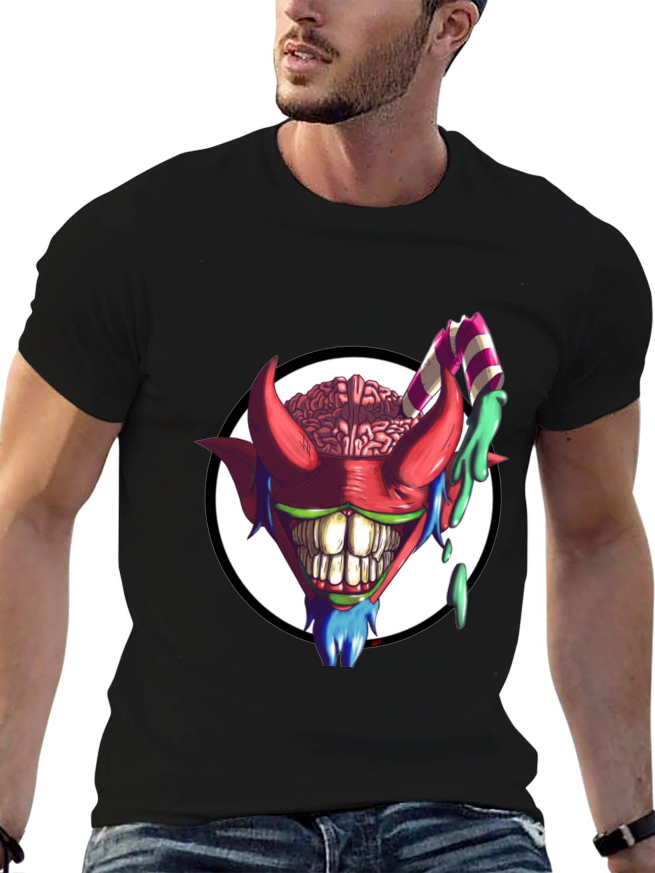 Black Crazy Brain Devil T-Shirt - Unique Graphic Tee view 6