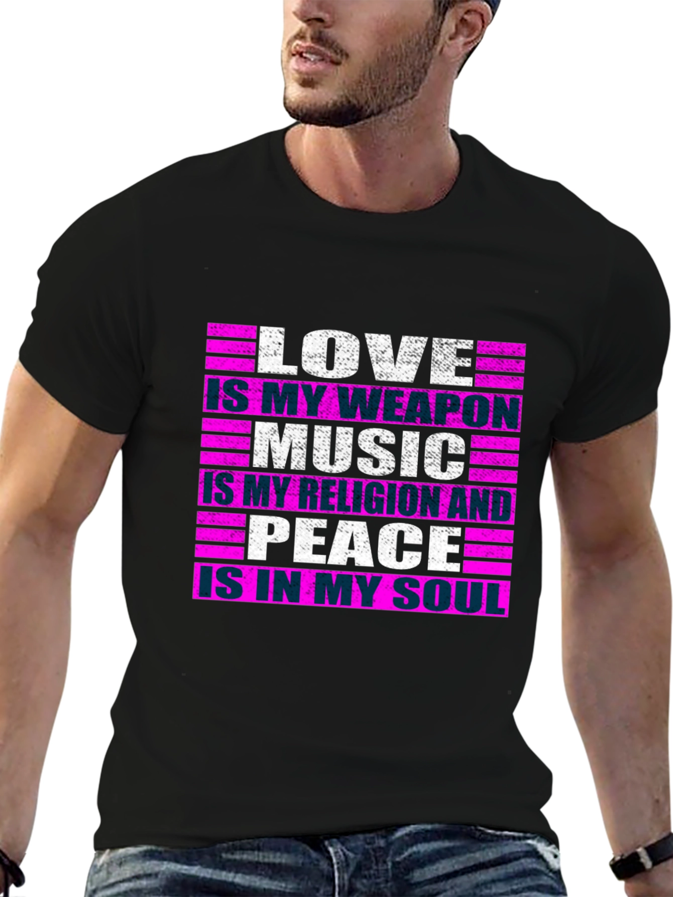Black Love Music Peace Graphic Tee - Men's Black T-Shirt view 6