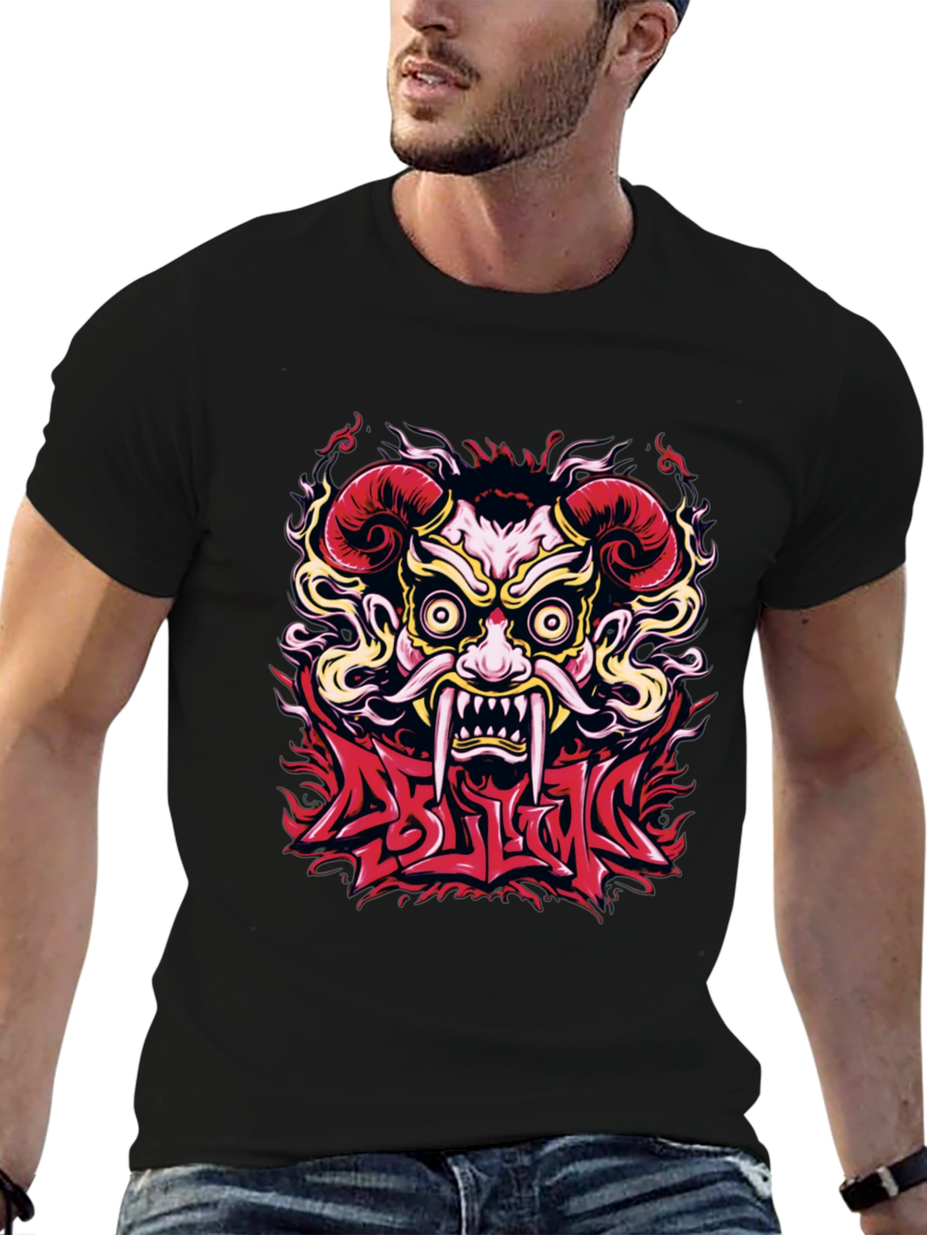 Black  Oni Mask Graphic T-Shirt - Bold Design view 6