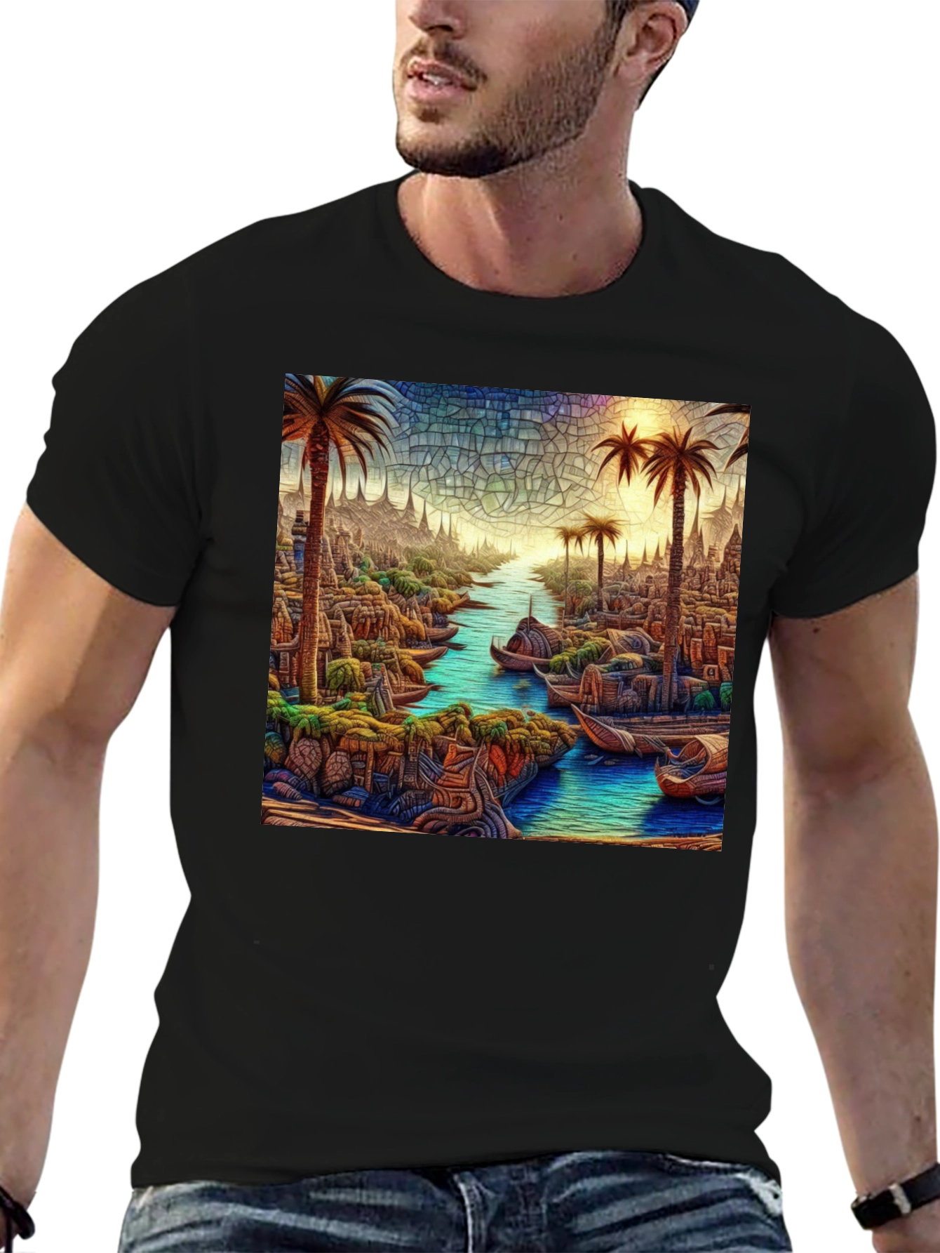 Black Tropical Mosaic Art Tee - Men's Black T-Shirt view 6