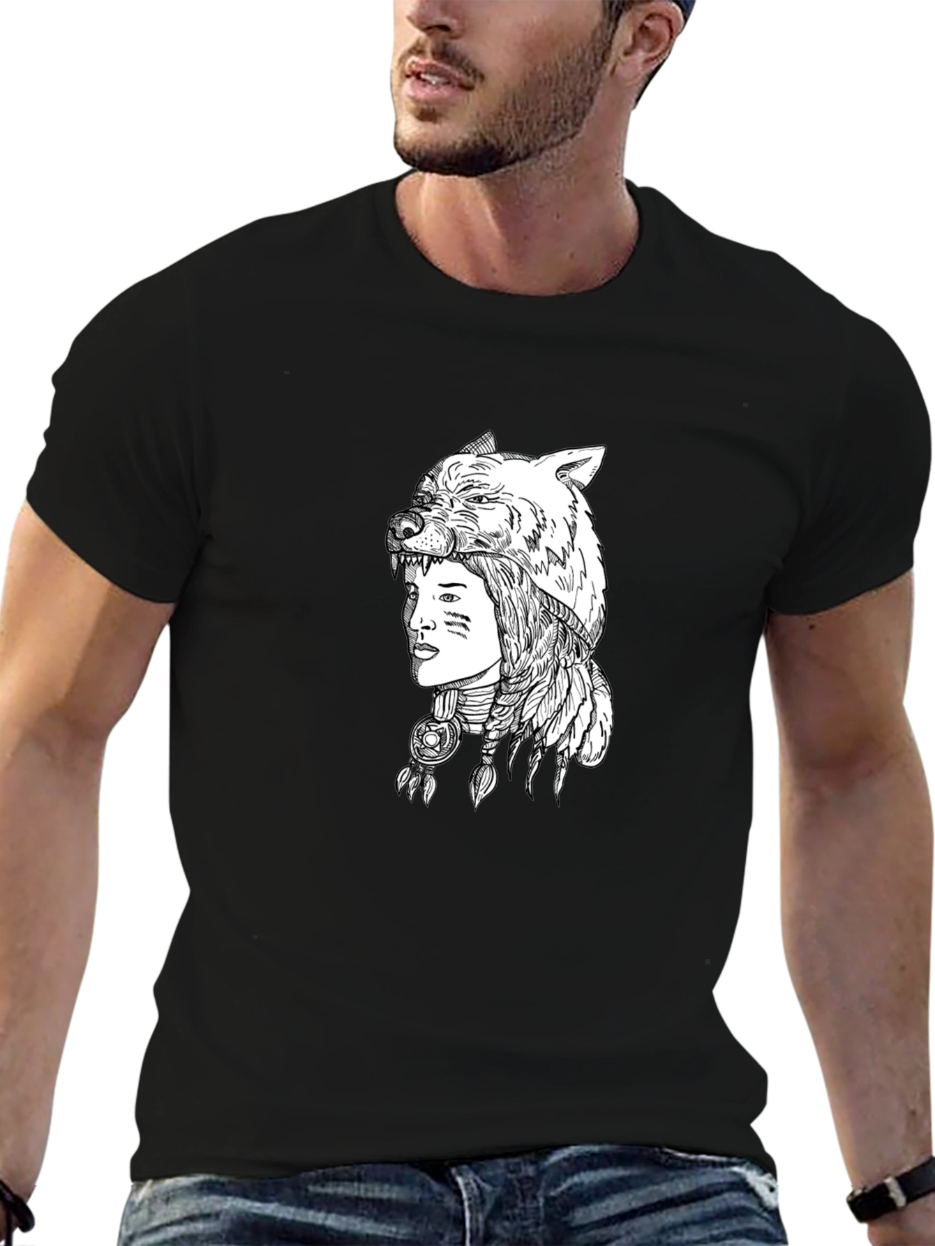 Black Native American Wolf Headdress Graphic Tee view 6