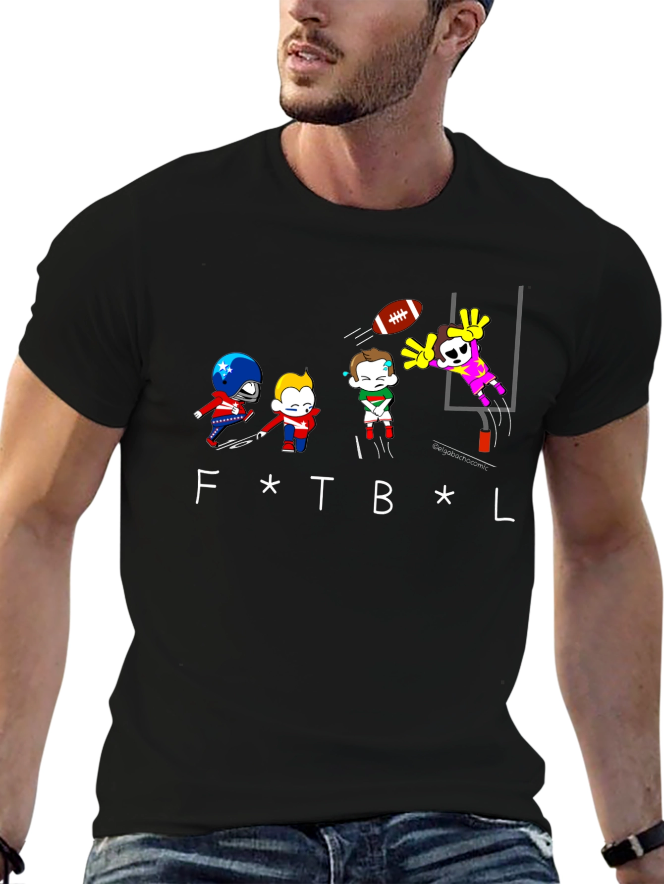 Black Funny Football Cartoon Black T-Shirt view 6