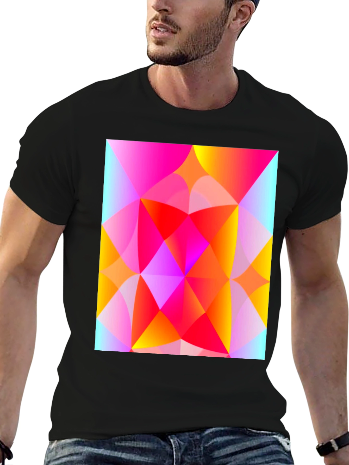 Black Geometric Art T-Shirt - Vibrant Triangle Design view 6