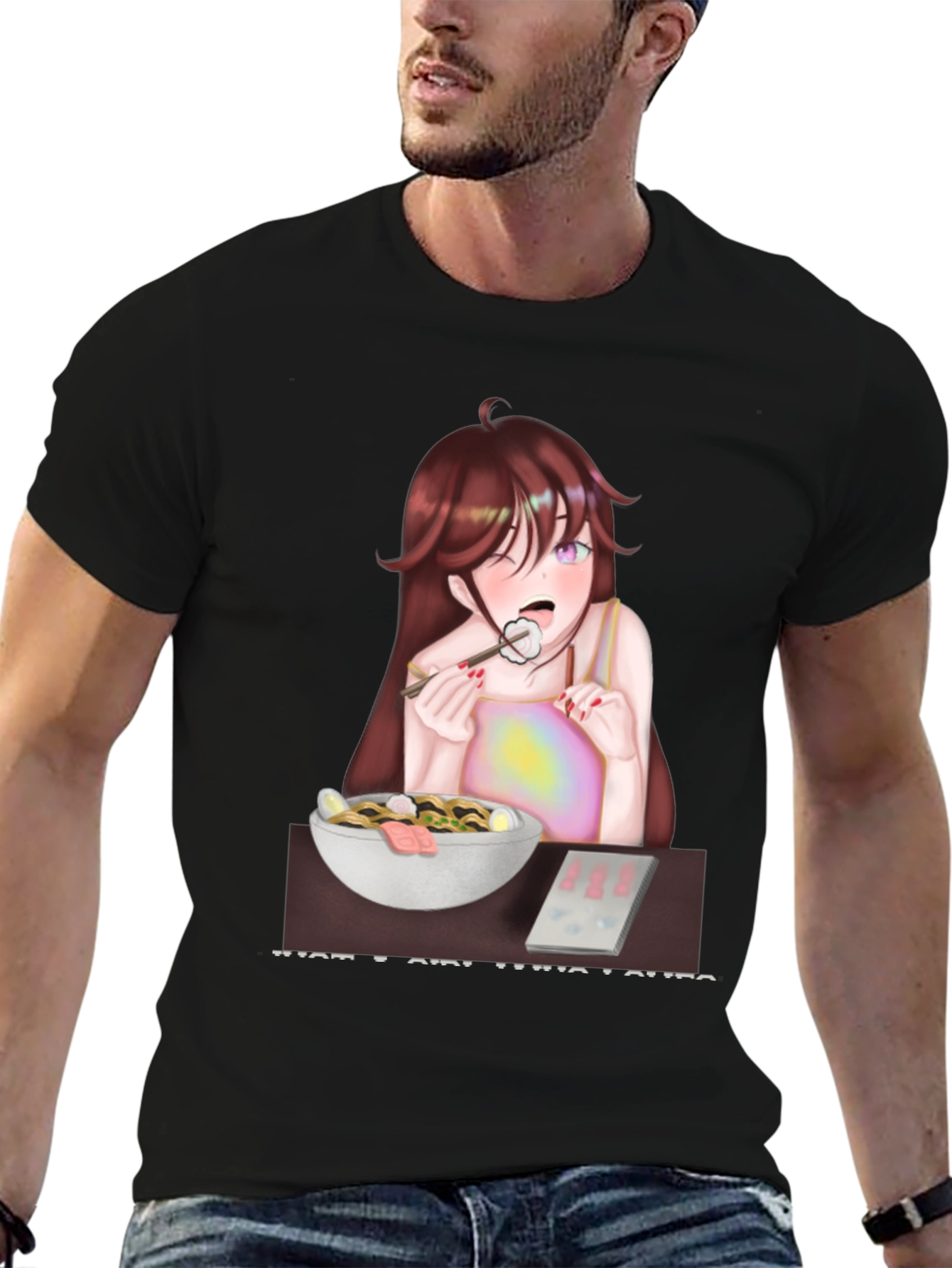 Black Anime Girl Eating Ramen T-Shirt view 6