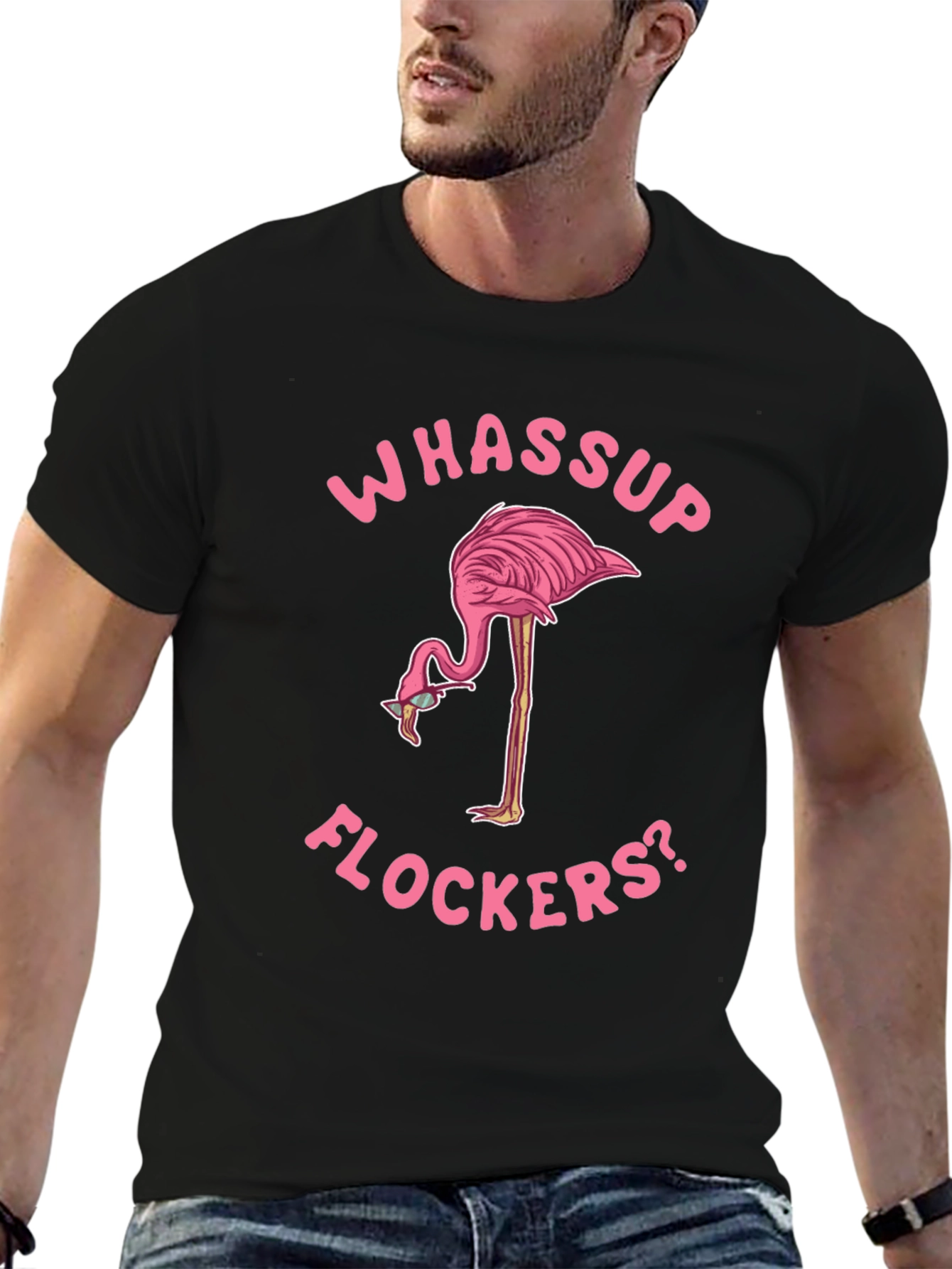 Black Whassup Flockers Flamingo T-Shirt view 6
