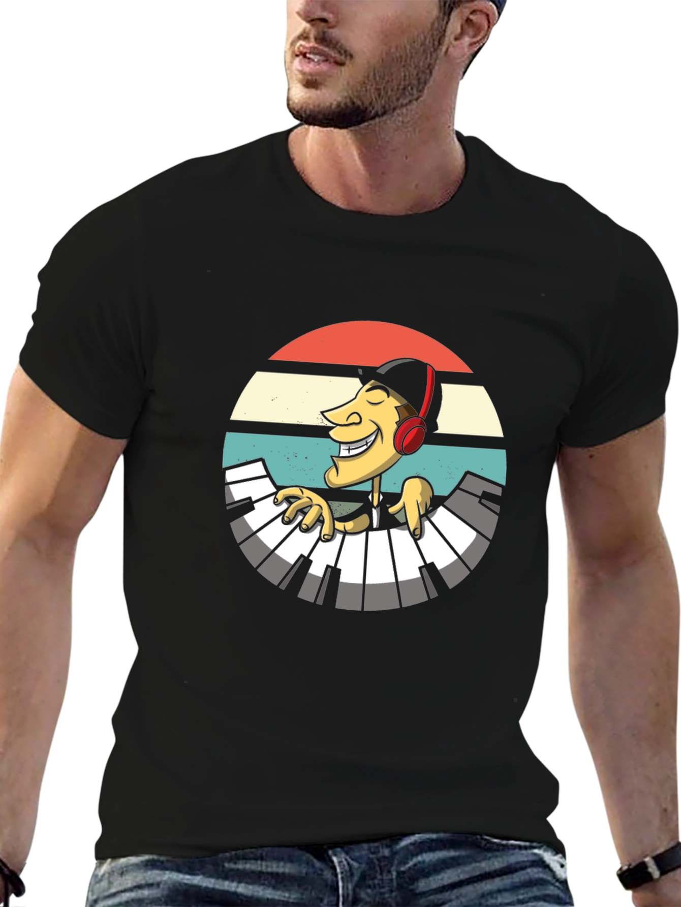 Black Retro Pianist Graphic Tee - Black Casual T-Shirt view 6