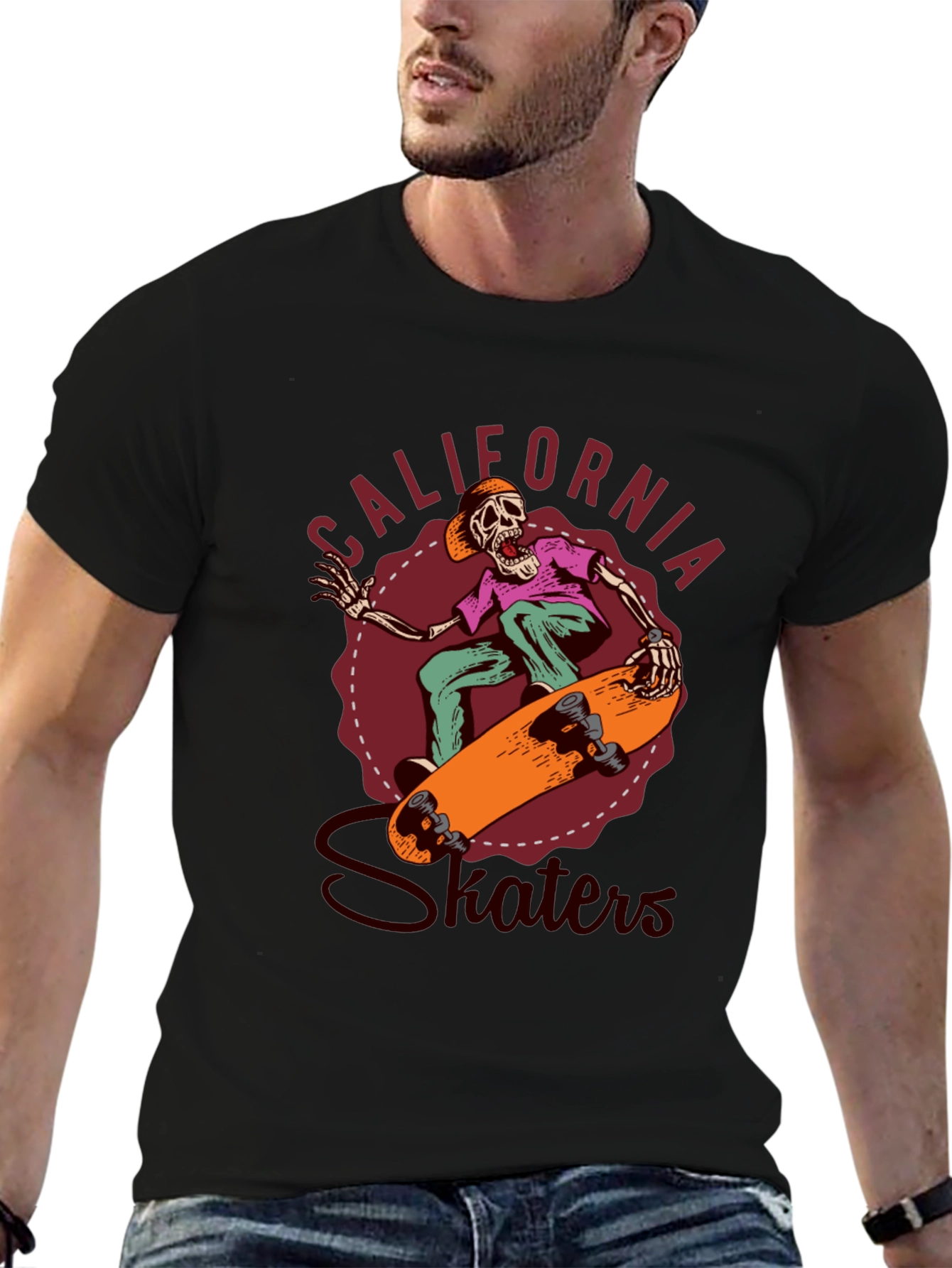 Black California Skaters Graphic Tee - Cool Skeleton Design view 6