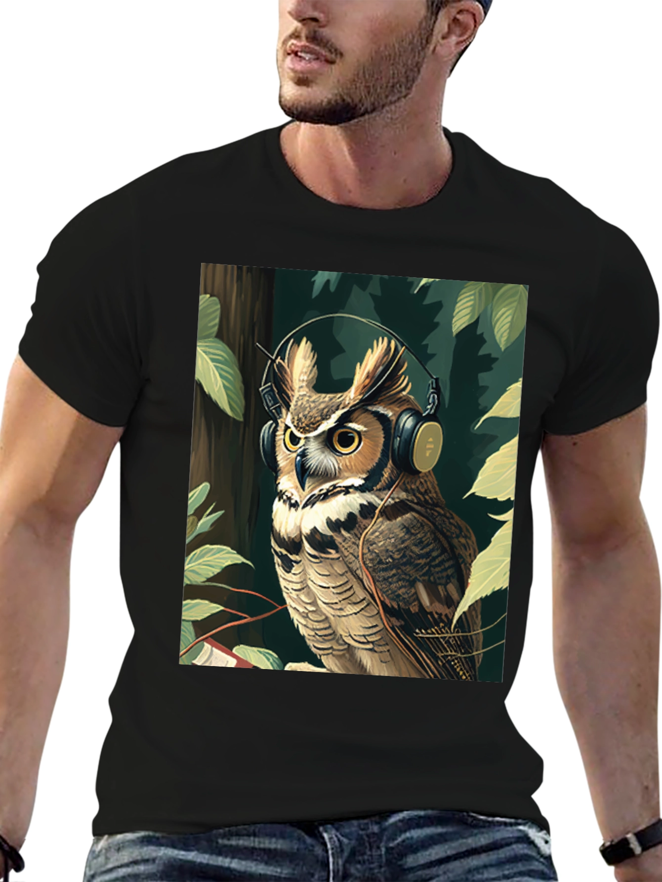 Black Owl with Headphones Graphic Tee - Stylish & Unique view 6