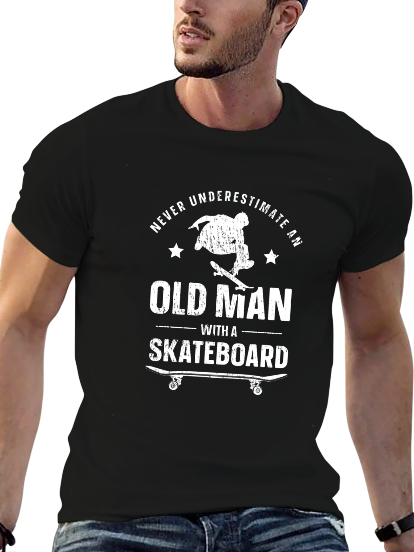Black Old Man Skateboard T-Shirt - Never Underestimate Funny Tee view 6