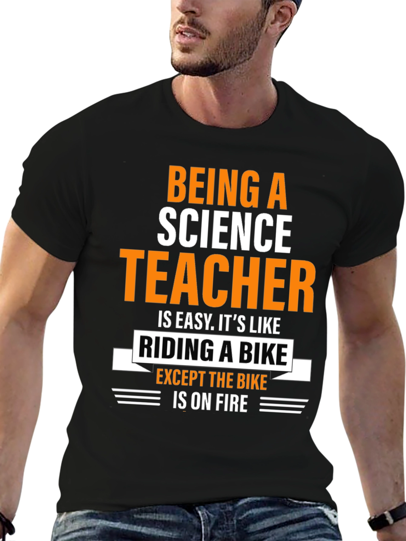 Black Science Teacher T-Shirt: Riding a Bike On Fire view 6
