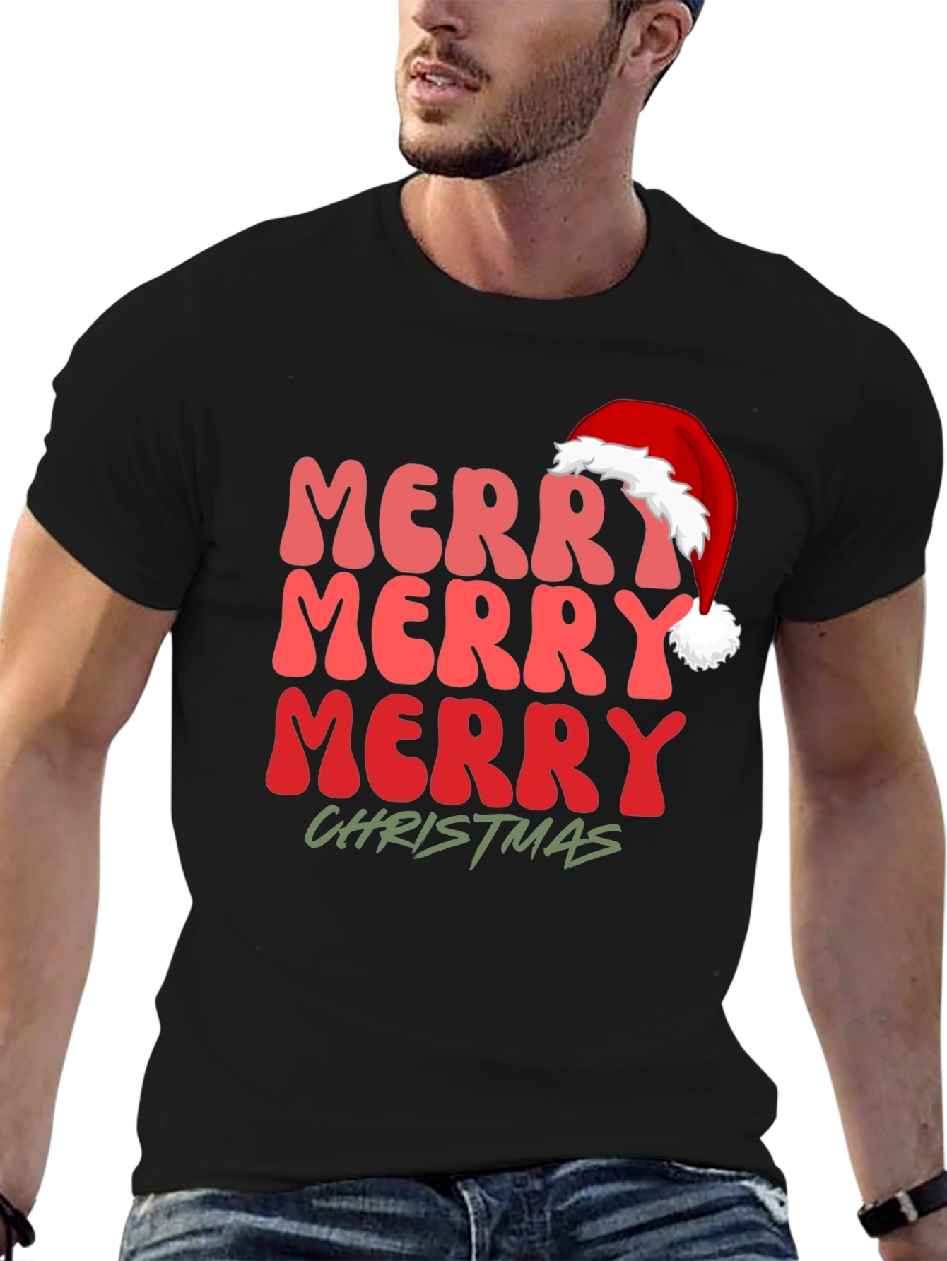 Black Merry Christmas Santa Hat Graphic Tee view 6