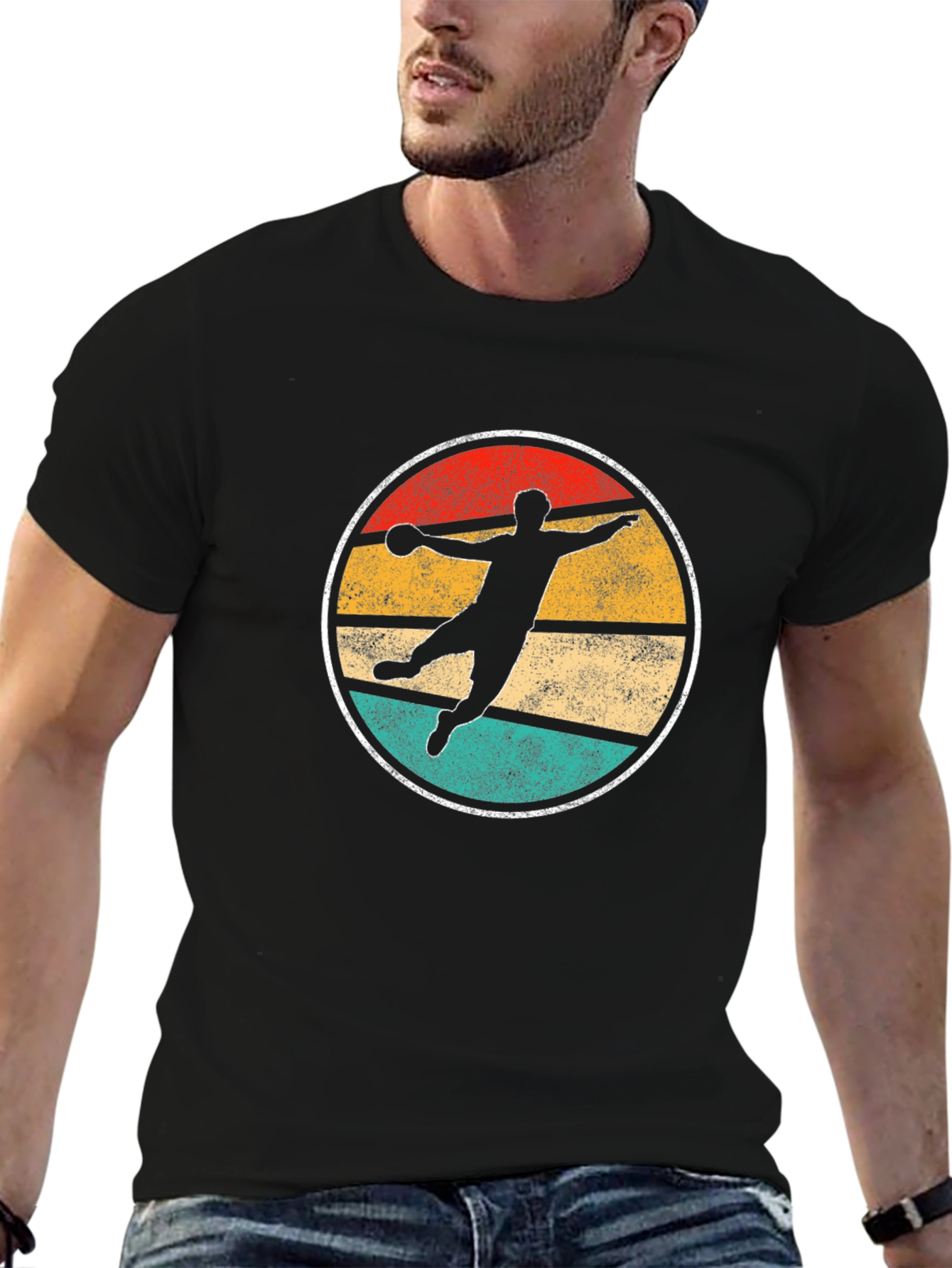 Black Retro Handball Player T-Shirt view 6