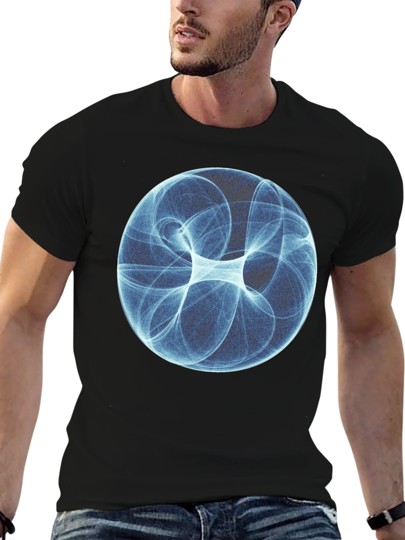 Black Abstract Blue Sphere Graphic T-Shirt - Modern Design view 6