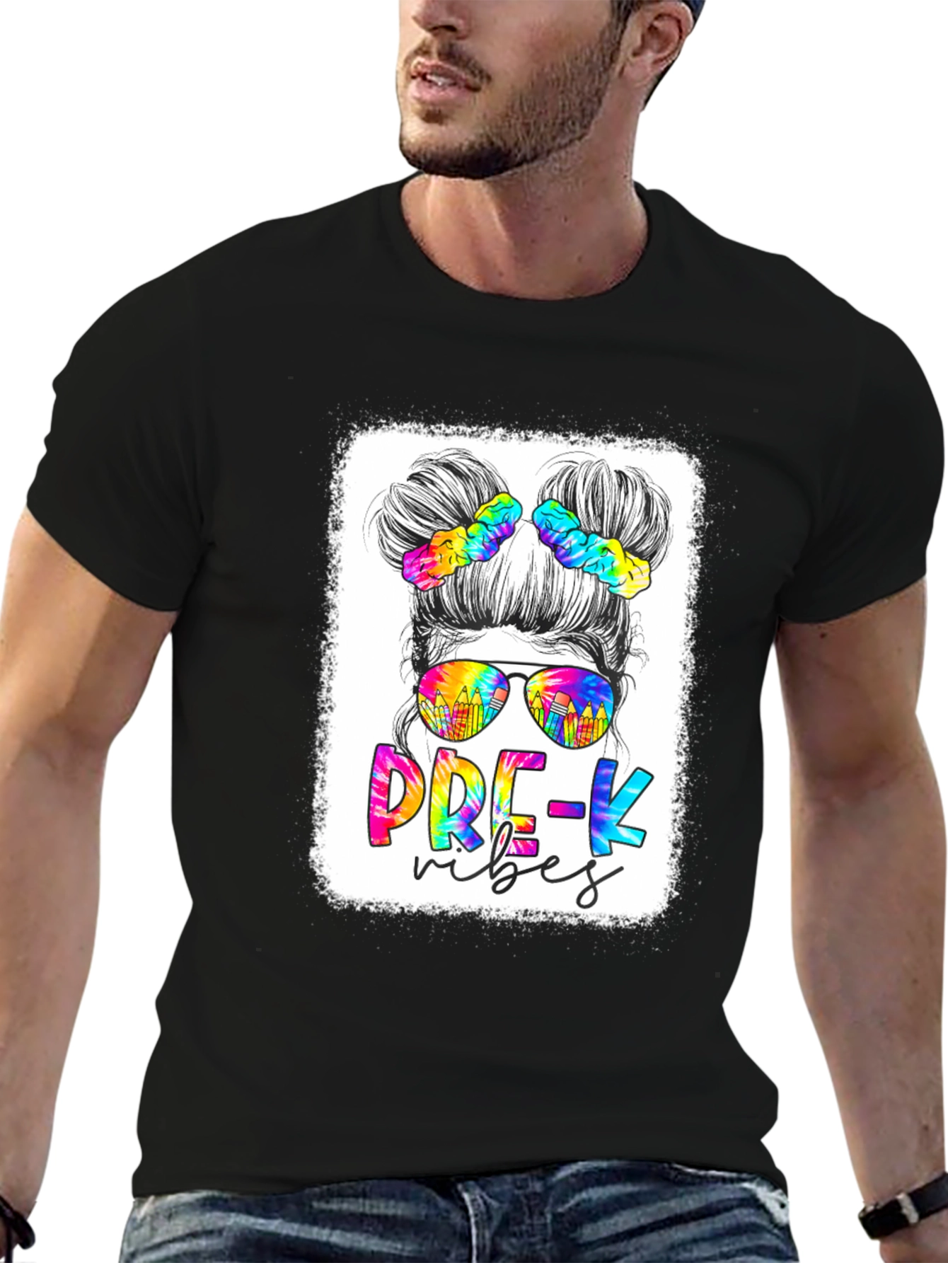 Black Pre-K Vibes Messy Bun Teacher T-Shirt view 6