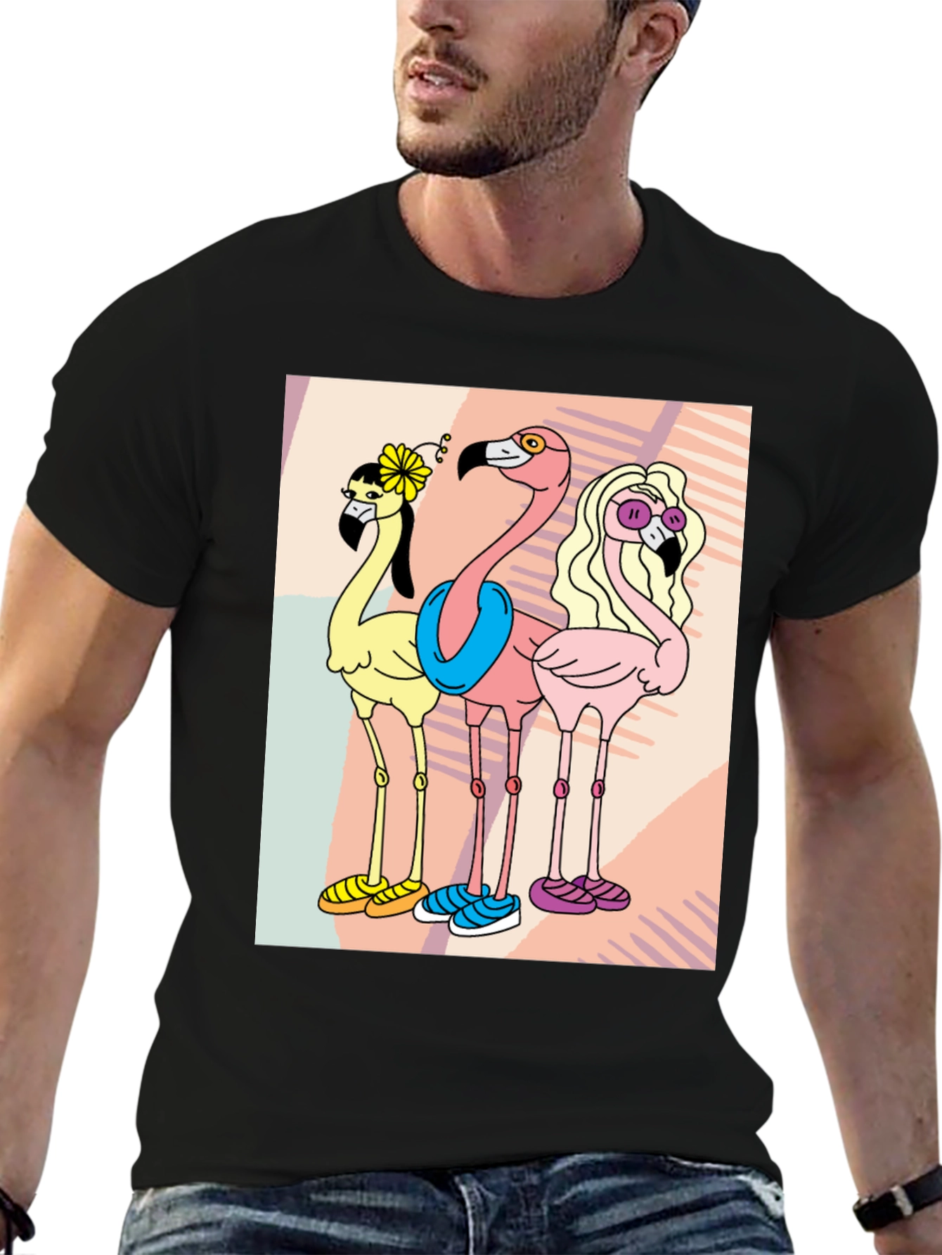 Black Funky Flamingo Tee - Quirky Cartoon T-Shirt view 6