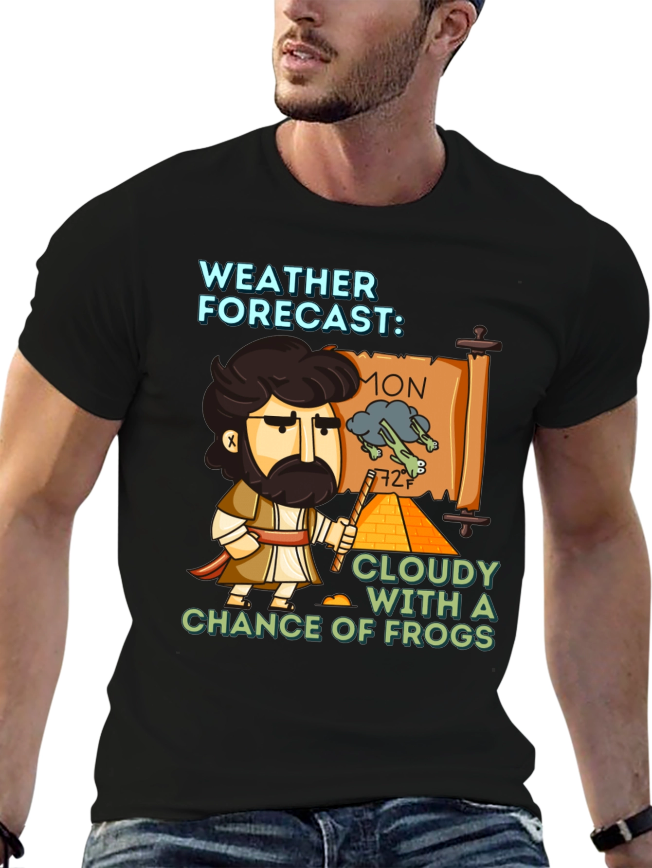 Black Funny Weather Forecast Cloudy Chance of Frogs T-Shirt view 6
