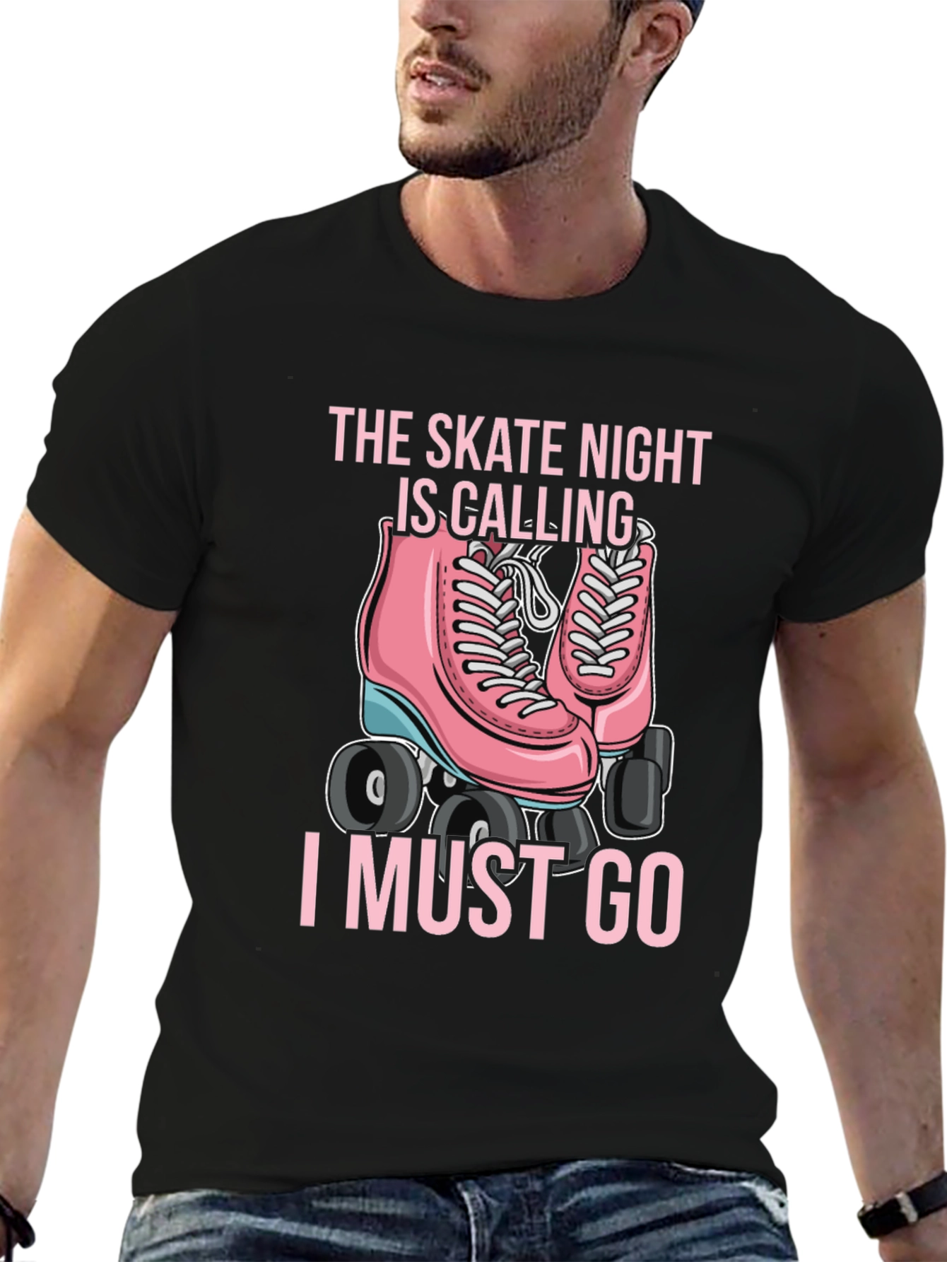 Black Skate Night Calling T-Shirt - Pink Roller Skate Graphic view 6