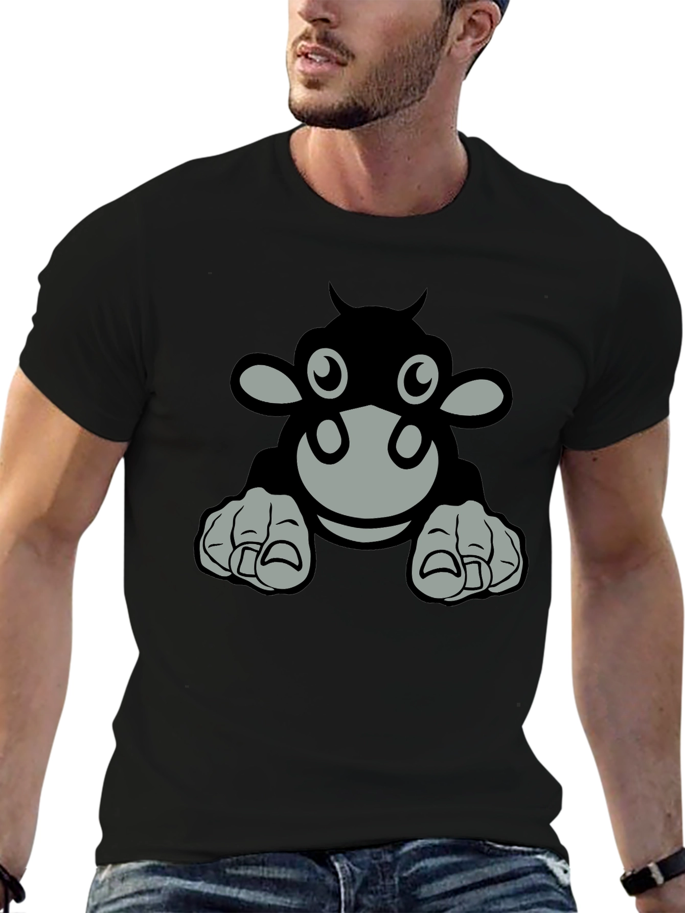Black Cartoon Cow Graphic Tee - Black T-Shirt view 6