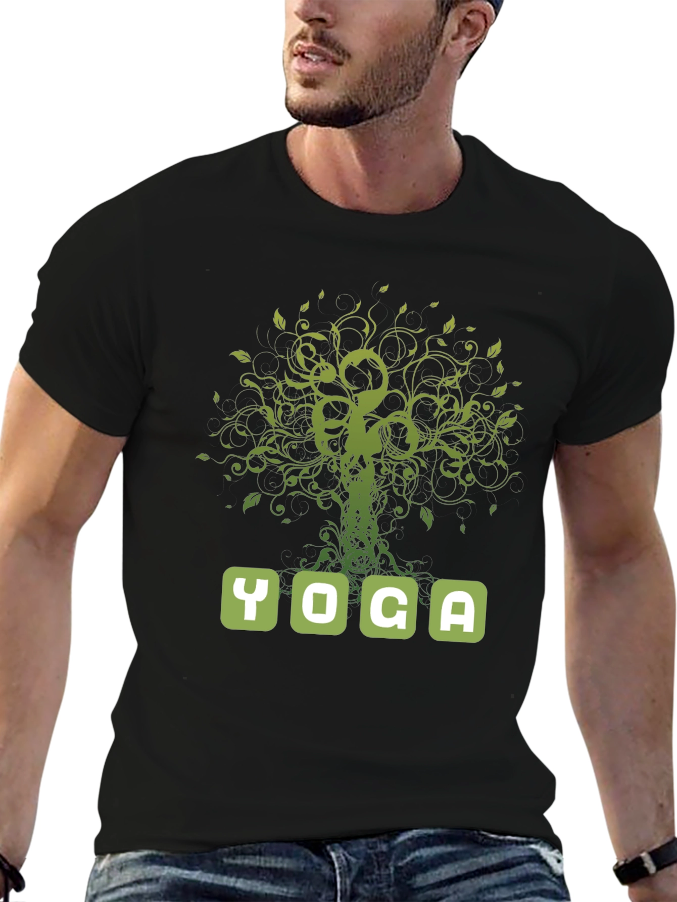 Black Yoga Tree Graphic Tee - Men's Black Cotton T-Shirt view 6