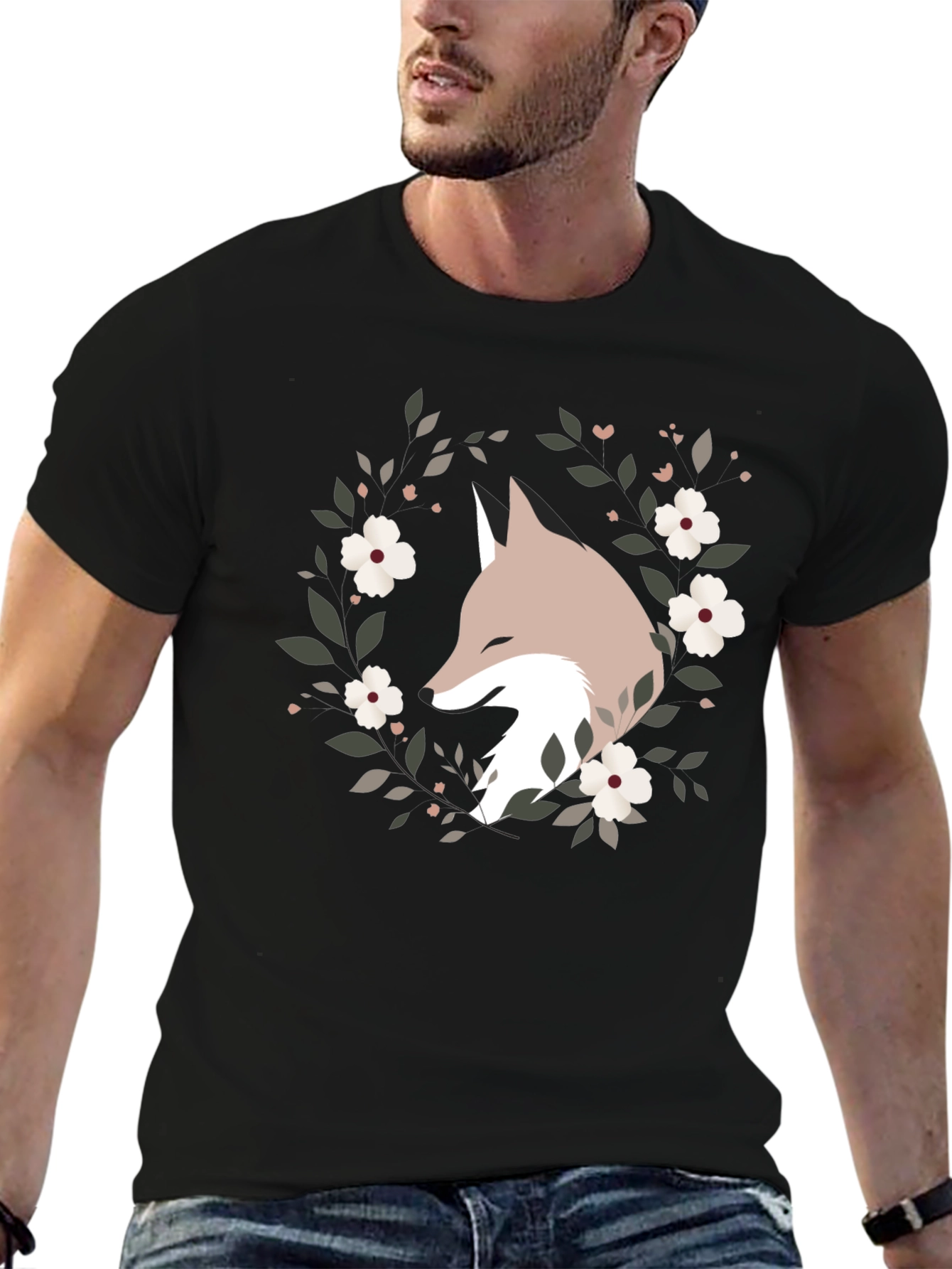 Black Fox Floral Wreath Graphic Tee - Black view 6