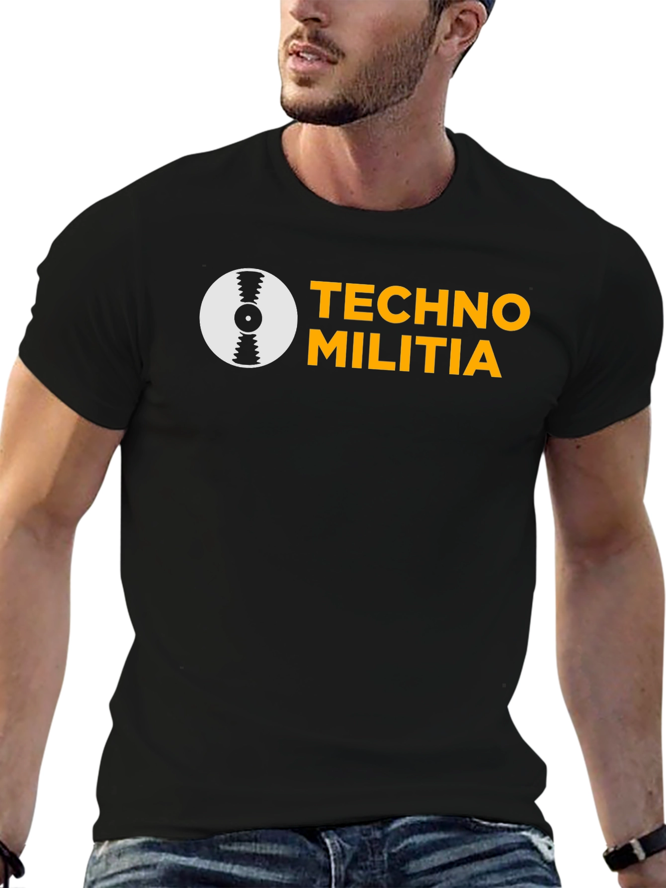 Black Techno Militia Graphic Tee - Black Cotton T-Shirt view 6