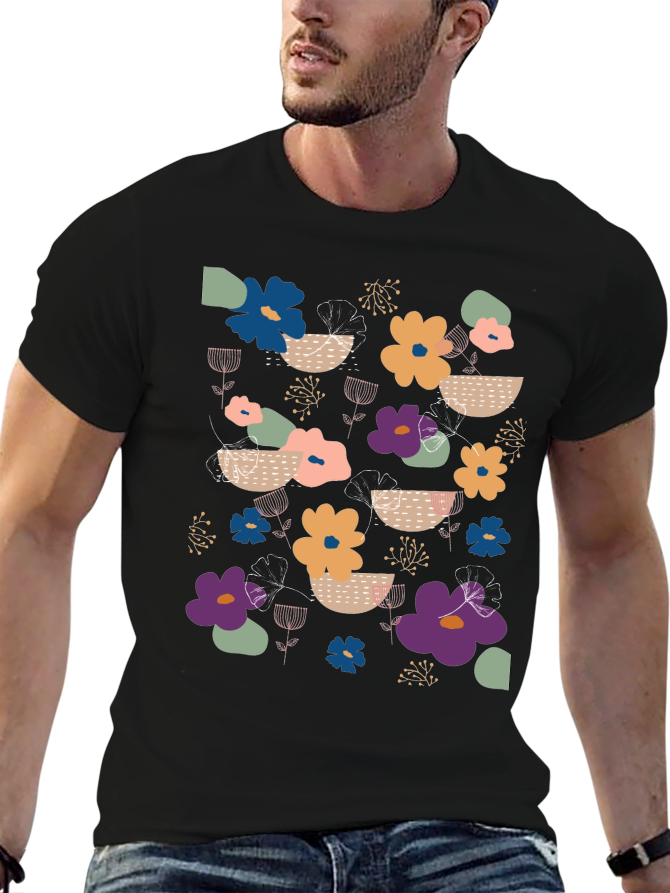 Black Floral Print Men's Black T-Shirt view 6