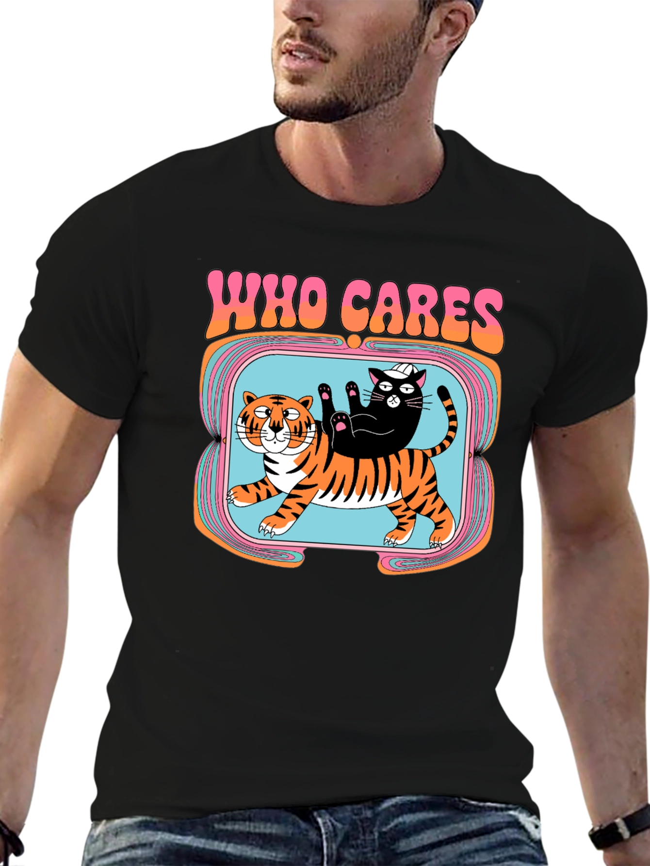 Black Who Cares Cat & Tiger Graphic Tee - Black view 6