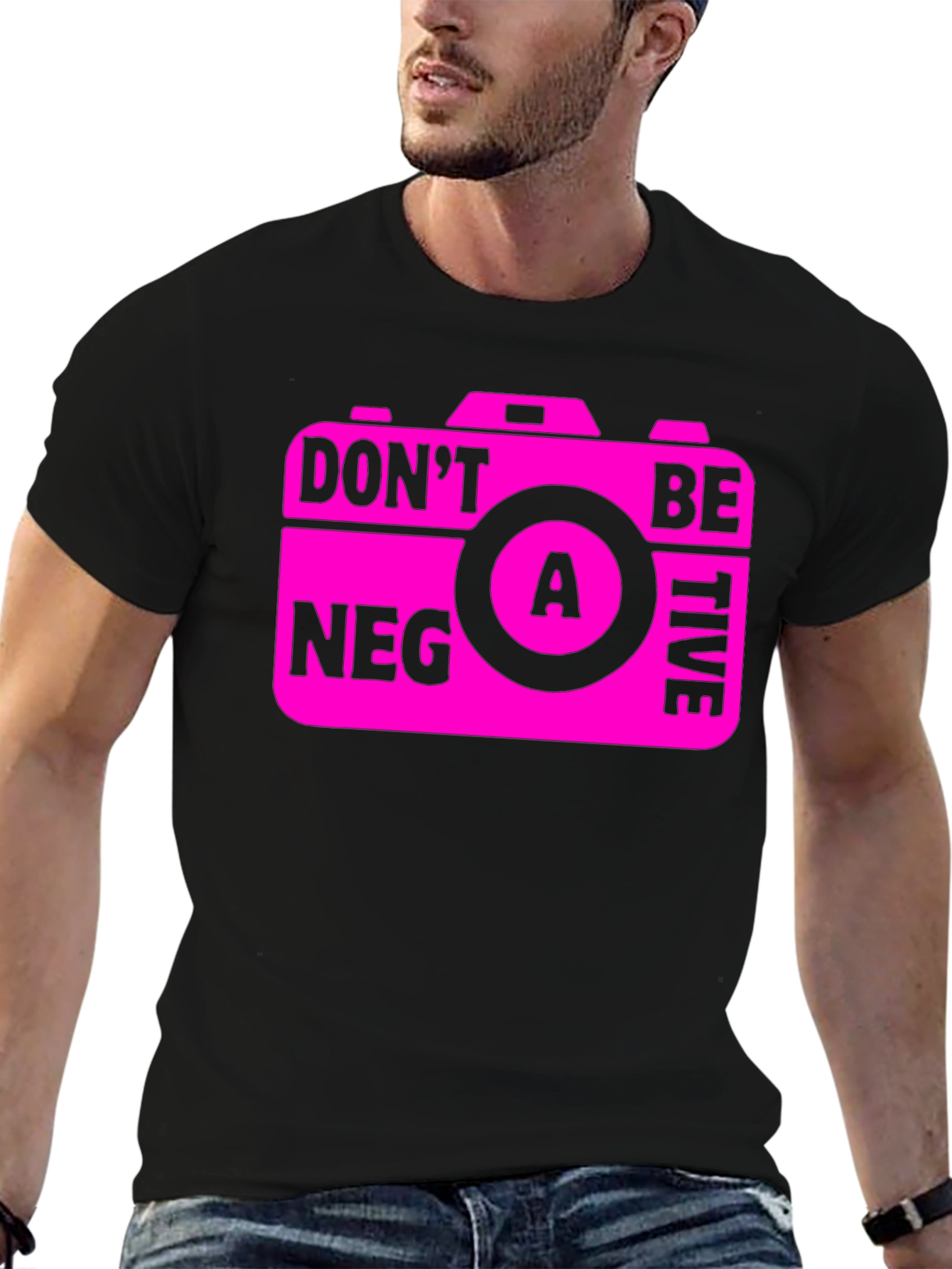 Black Funny Camera Graphic T-Shirt - Don't Be A Negative! view 6