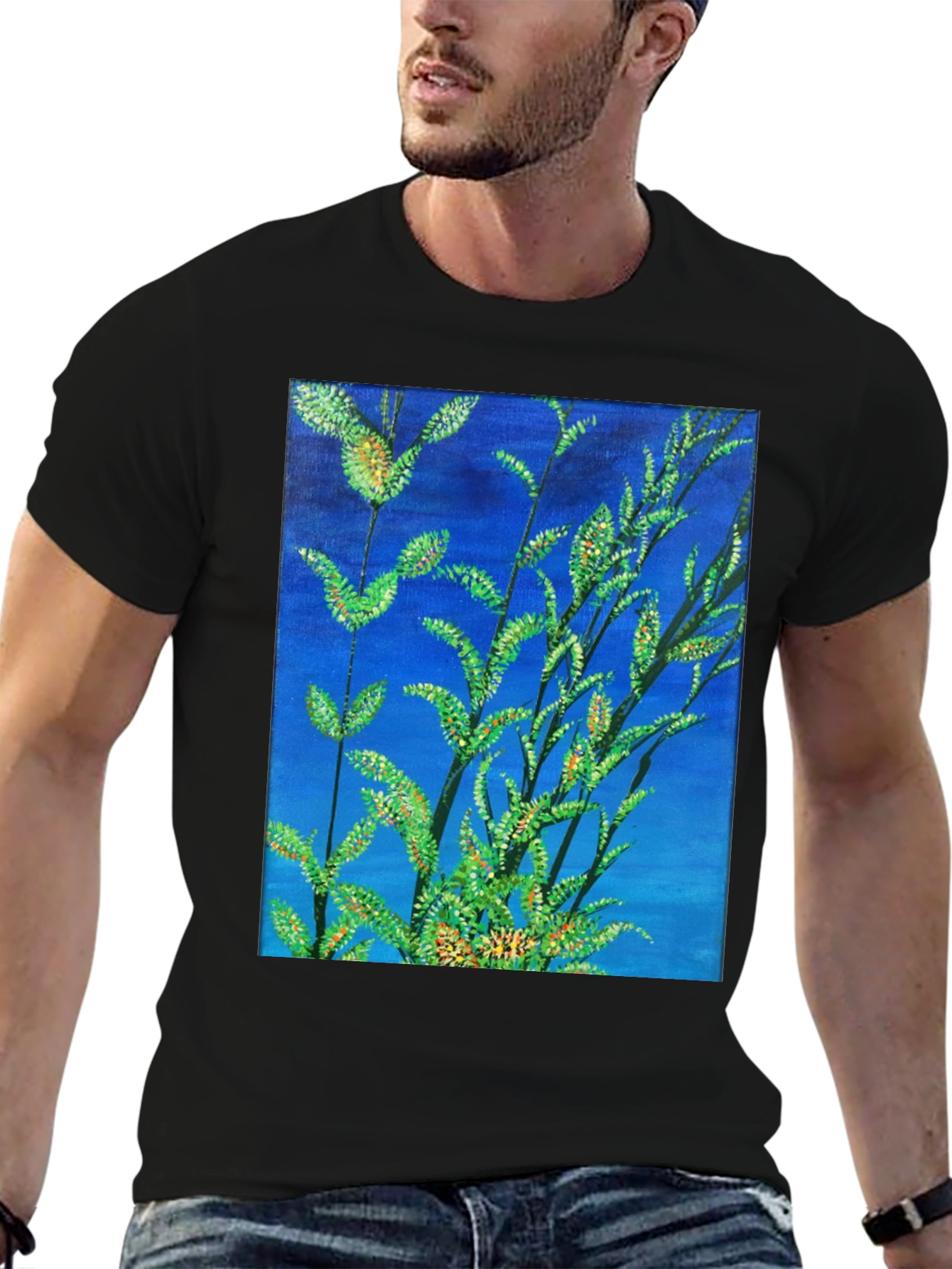 Black Botanical Blue T-Shirt - Vivid Nature Art Tee view 6