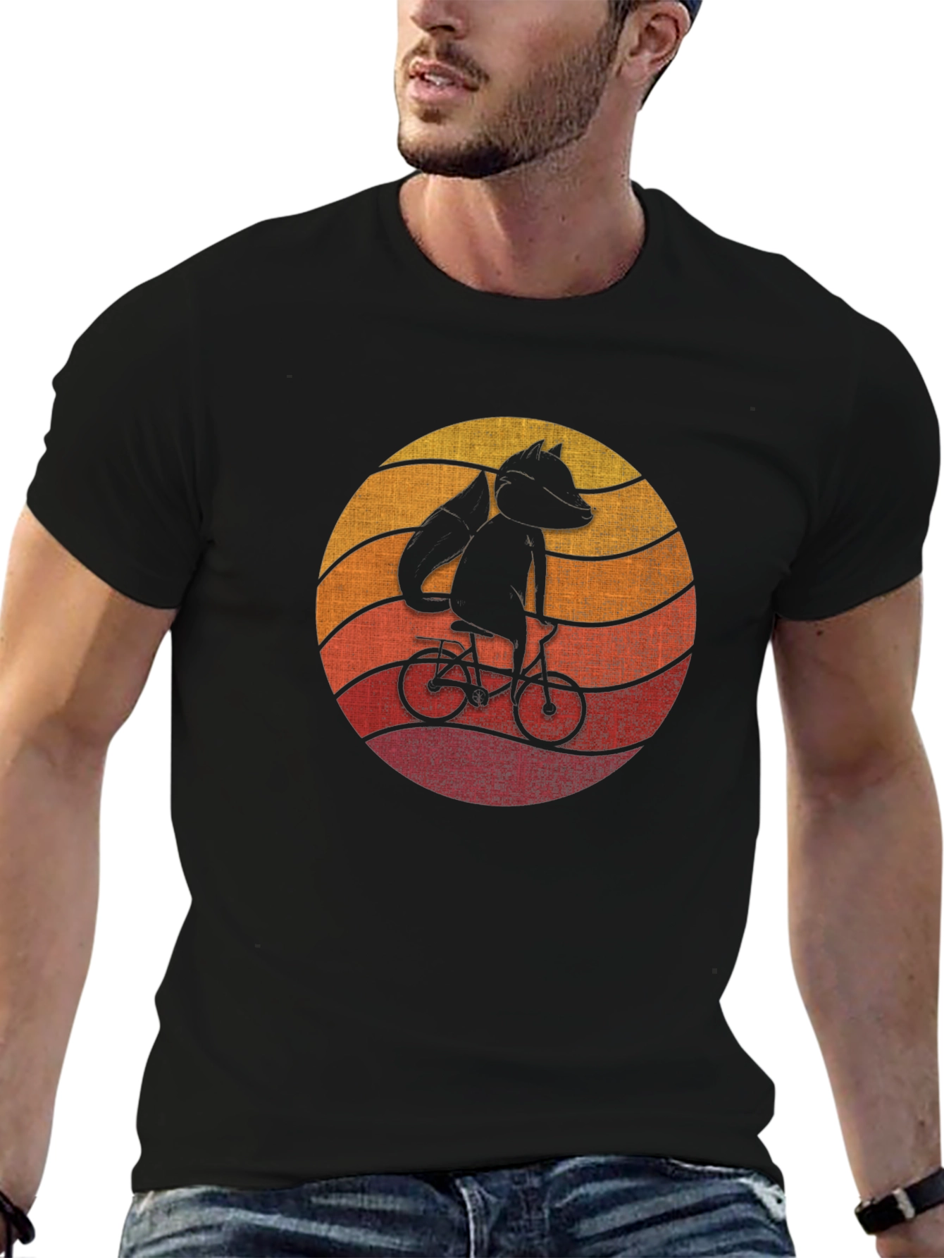 Black Fox on Bike Graphic Tee - Retro Style Black T-Shirt view 6