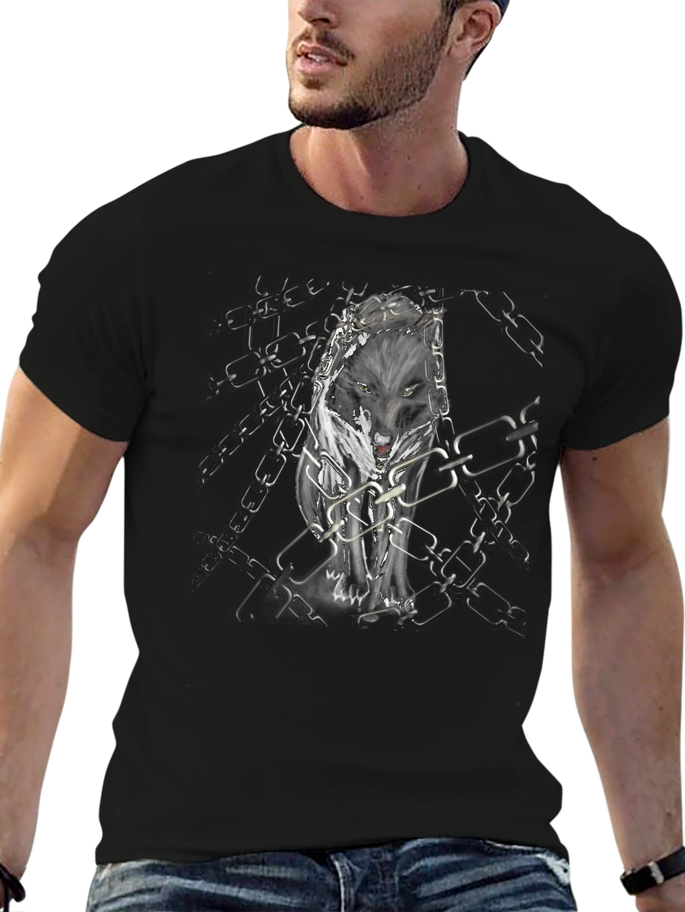 Black Wolf in Chains Black Graphic T-Shirt view 6