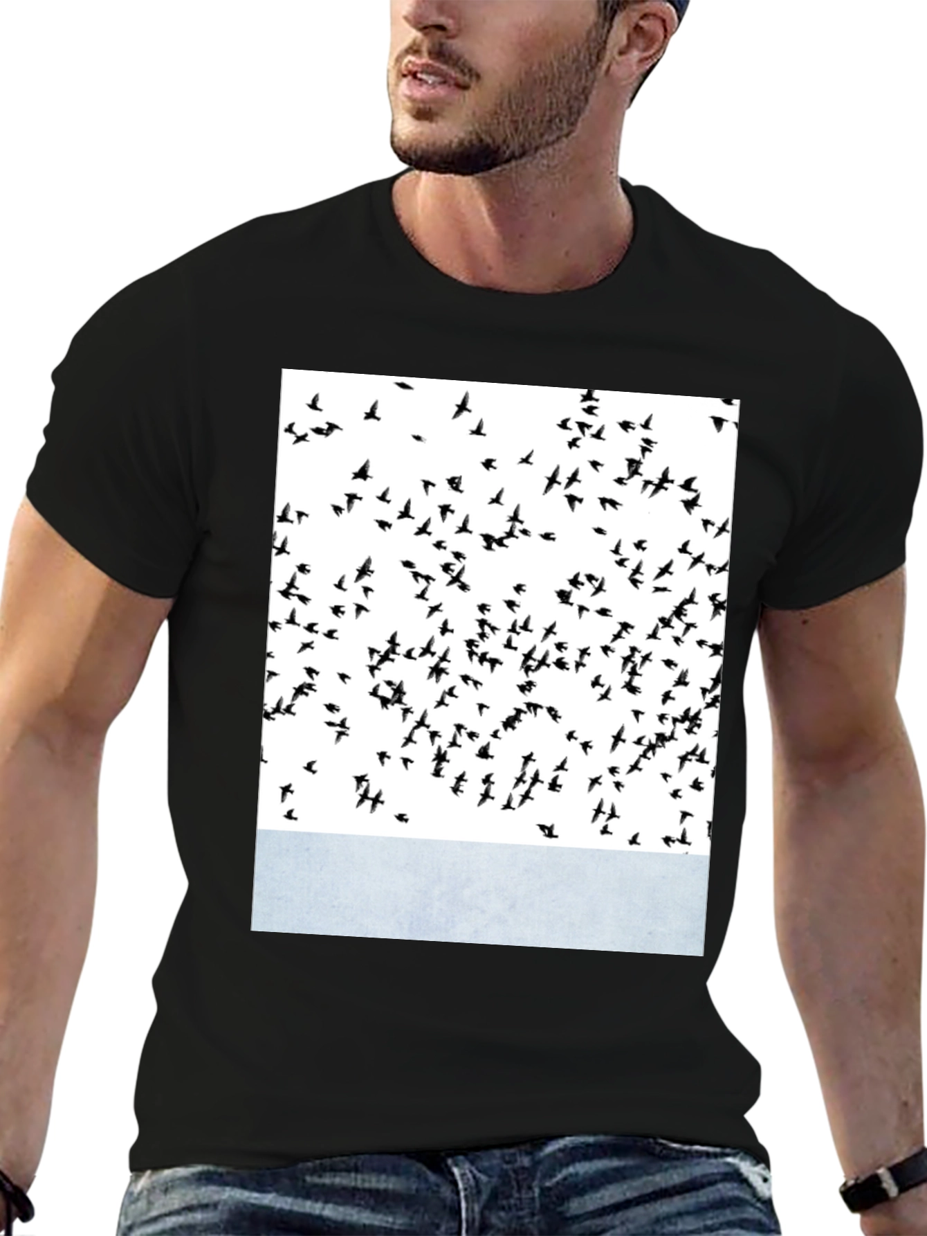 Black Abstract Bird Print Crew Neck T-Shirt view 6