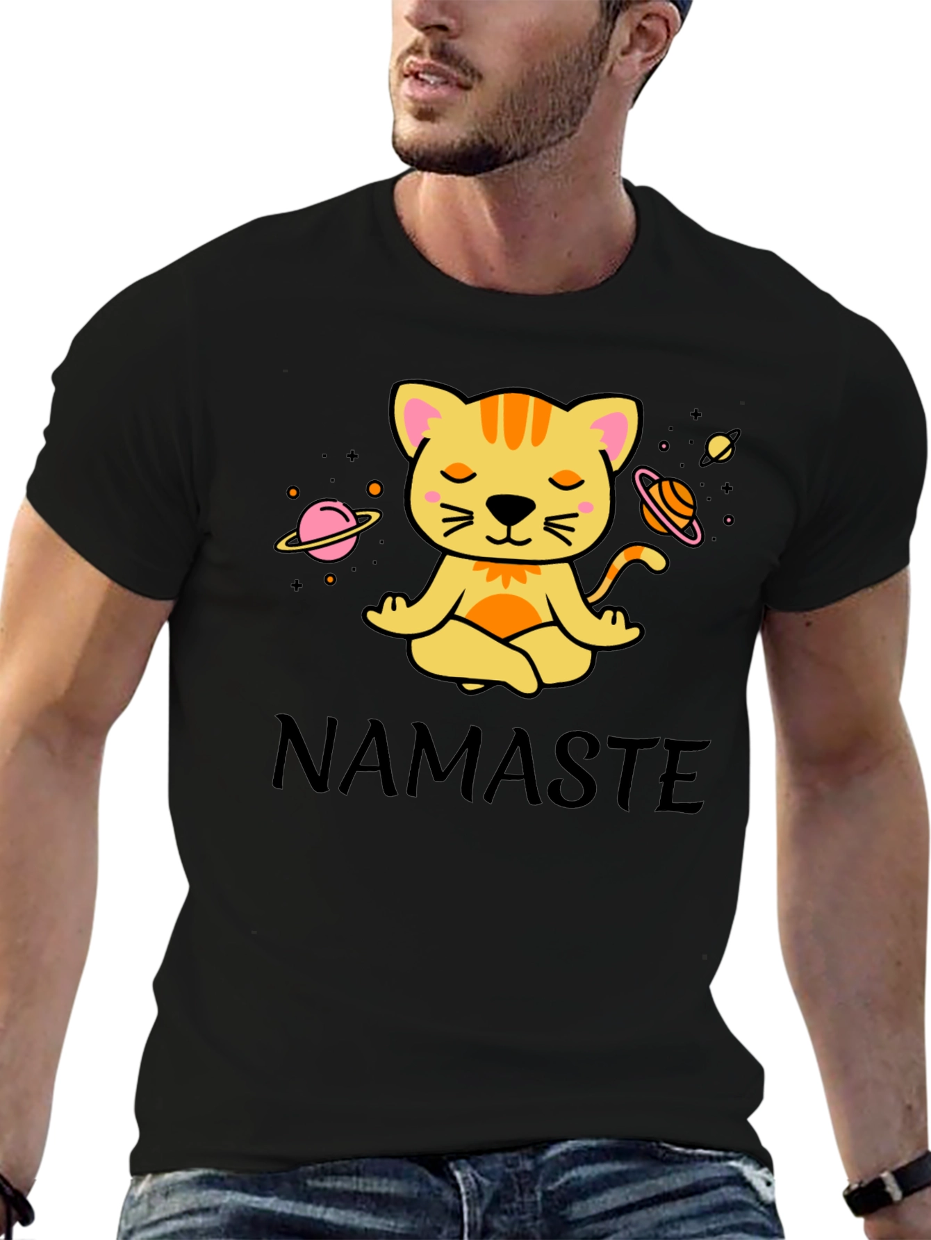 Black Namaste Cat Space Meditation T-Shirt view 6