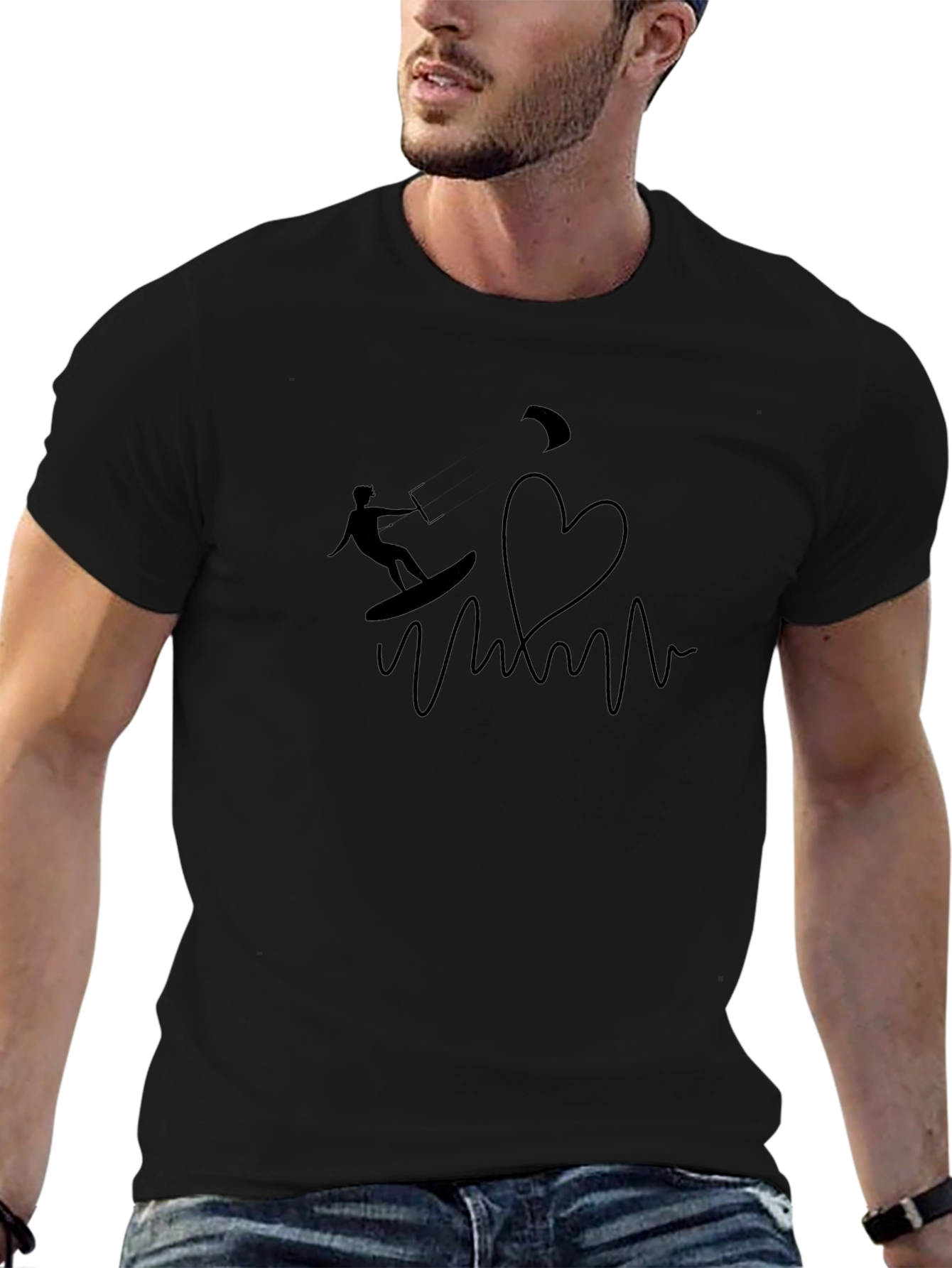 Black Kite Surfing Heartbeat Graphic T-Shirt - Black view 6