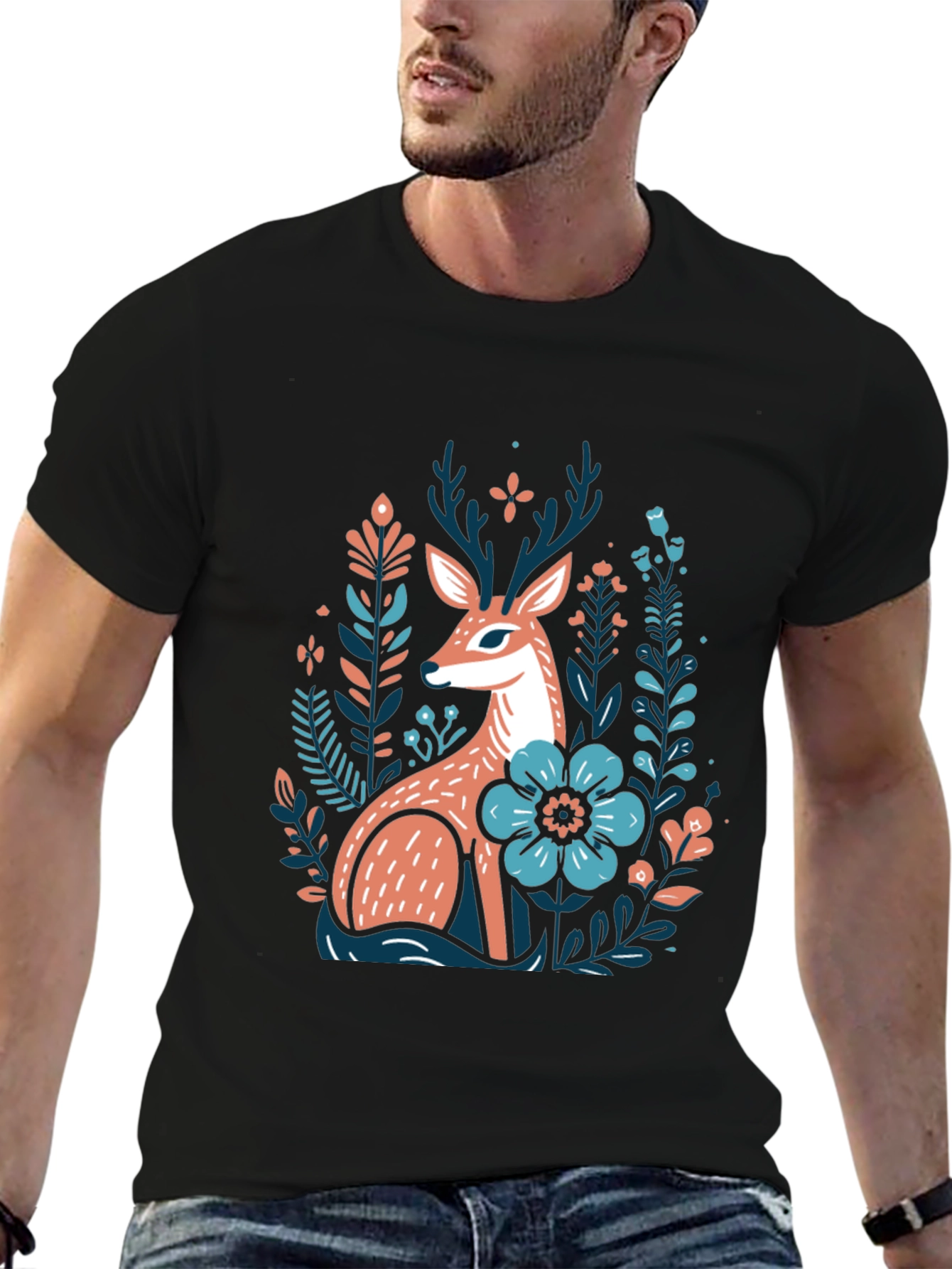 Black Deer & Floral Graphic Tee - Nature Inspired Black T-Shirt view 6