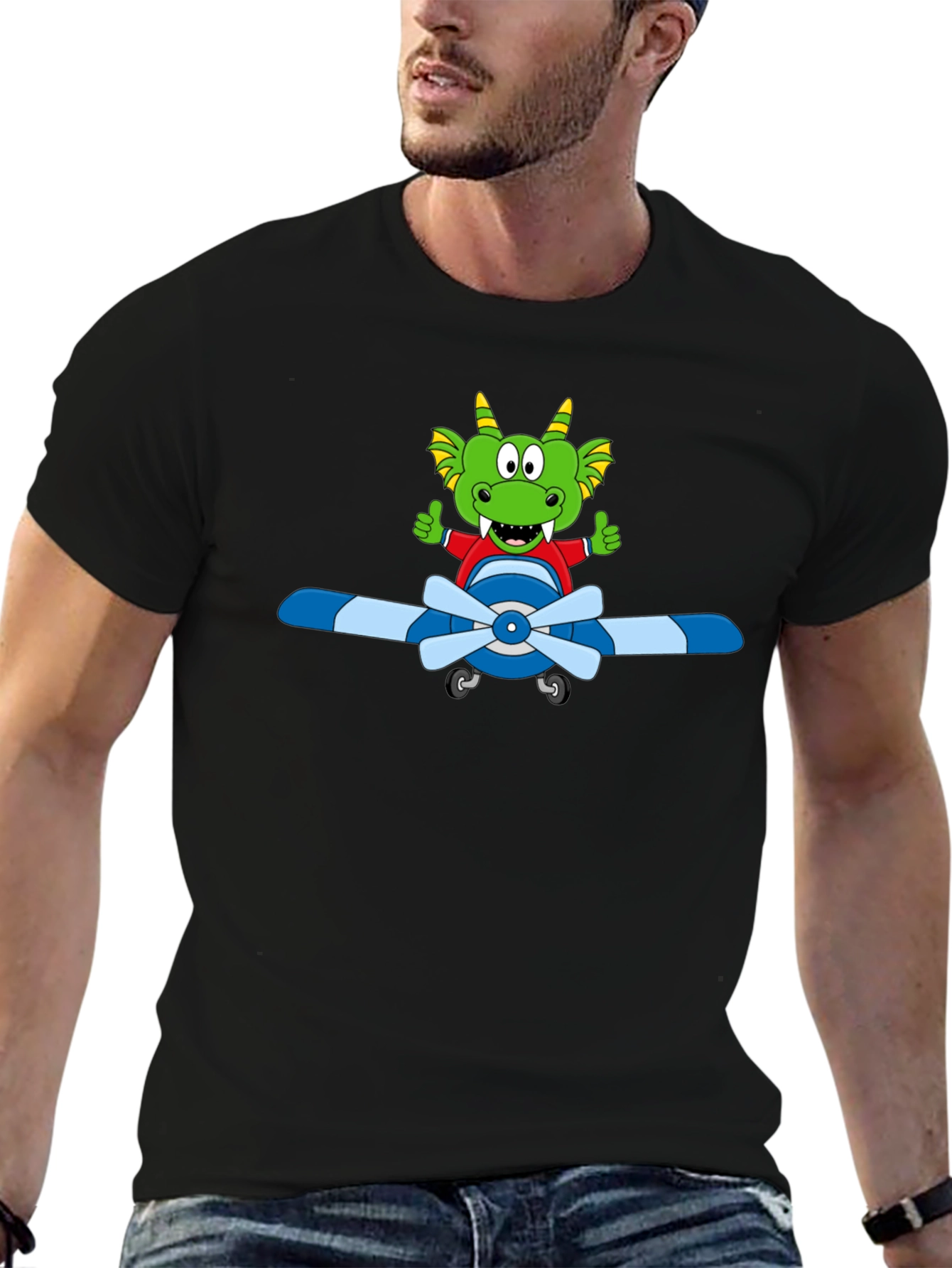 Black Cartoon Dragon Pilot T-Shirt view 6