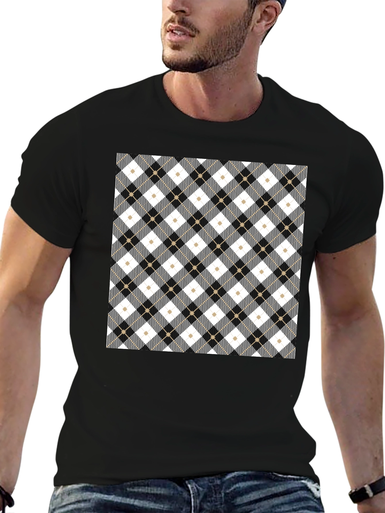 Black Stylish Argyle Pattern Black T-Shirt view 6