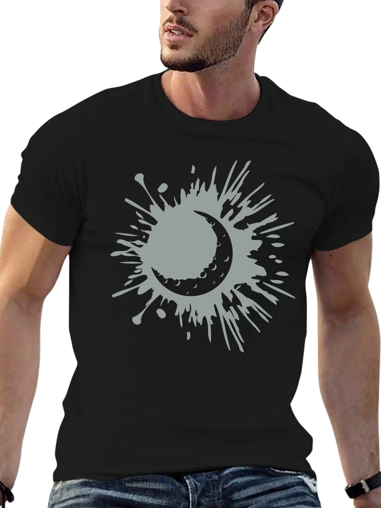 Black Crescent Moon Splatter Tee - Stylish Graphic T-Shirt view 6